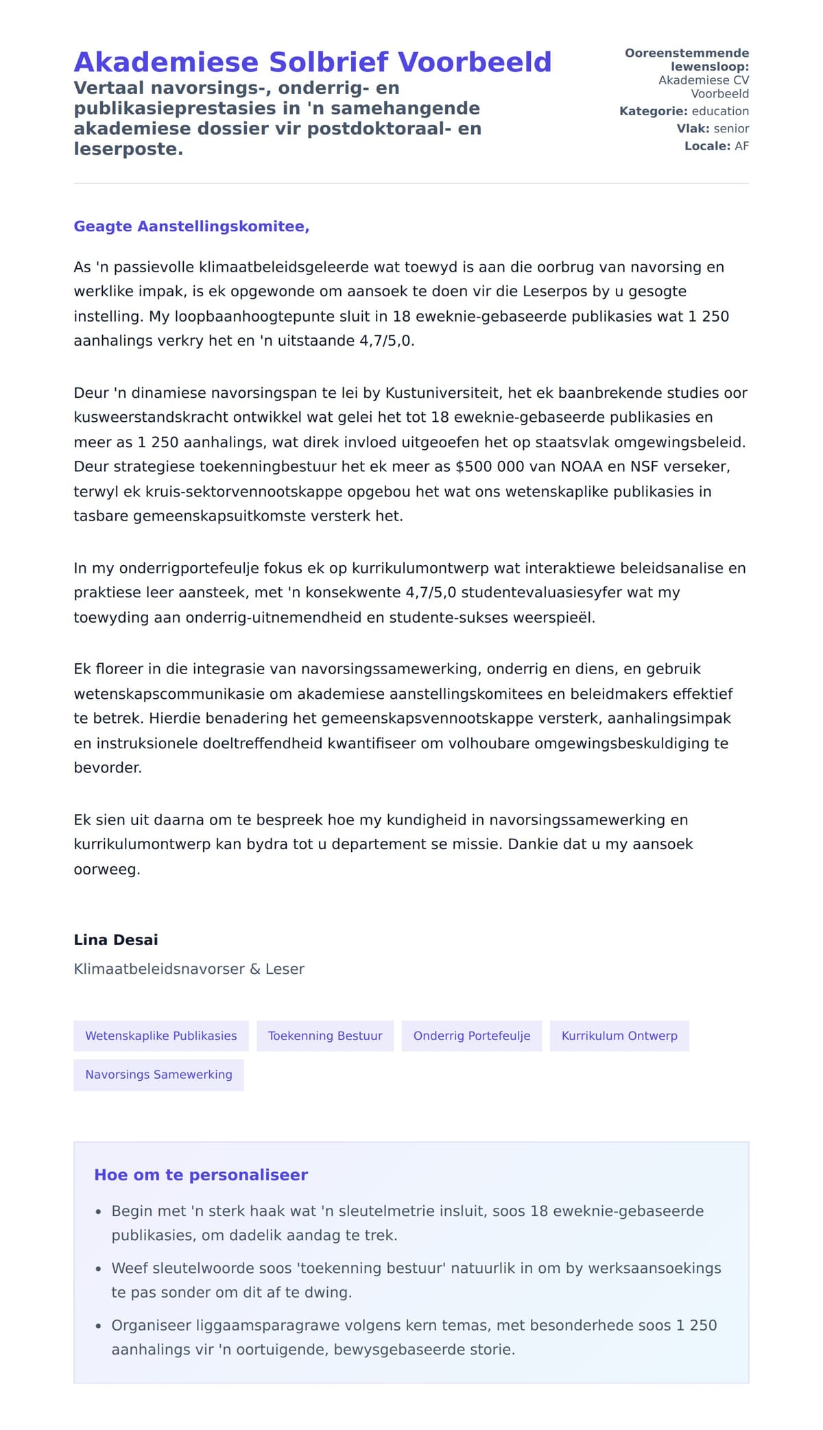 Solbrief-voorskou vir Akademiese Solbrief Voorbeeld