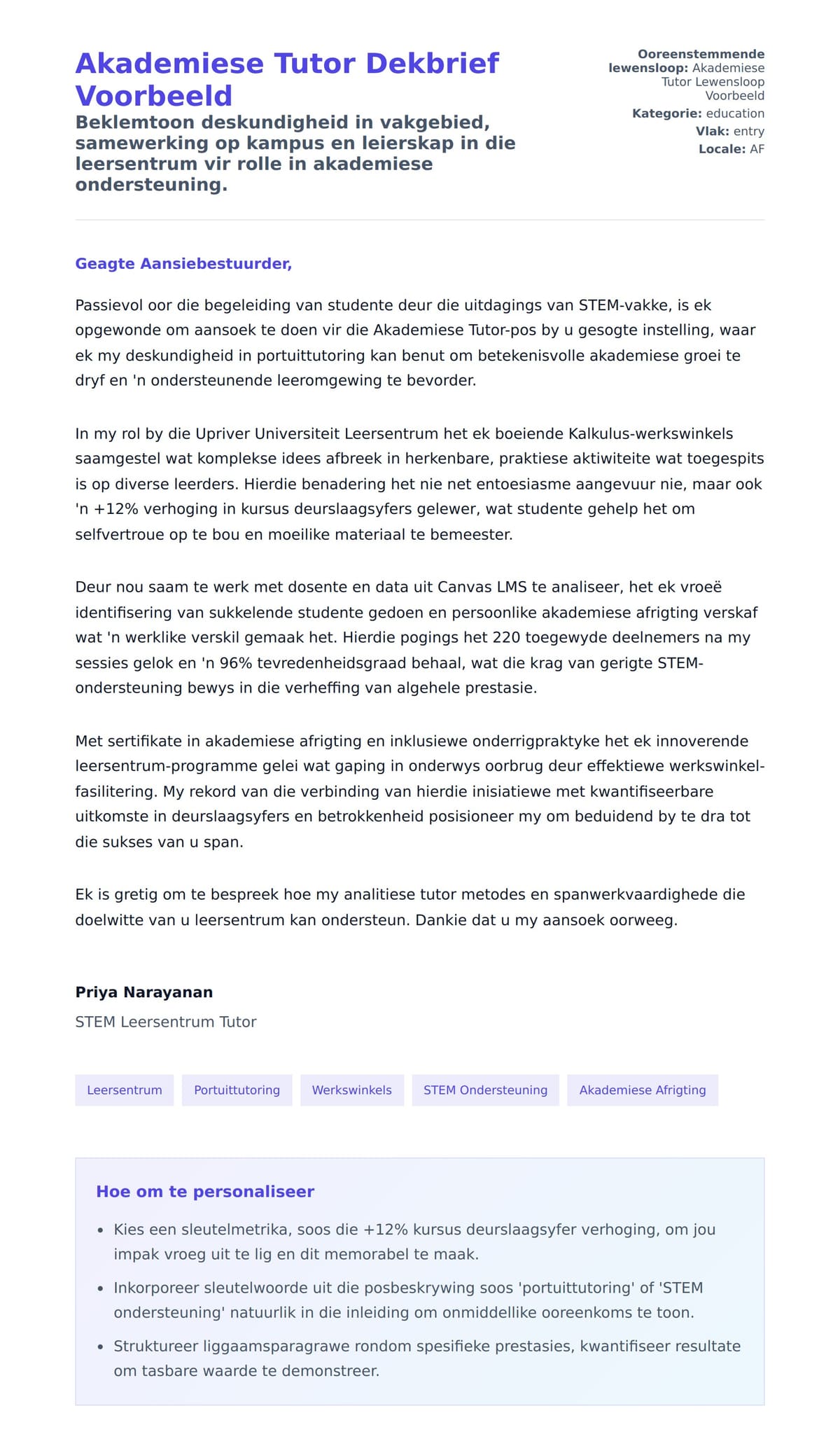 Solbrief-voorskou vir Akademiese Tutor Dekbrief Voorbeeld