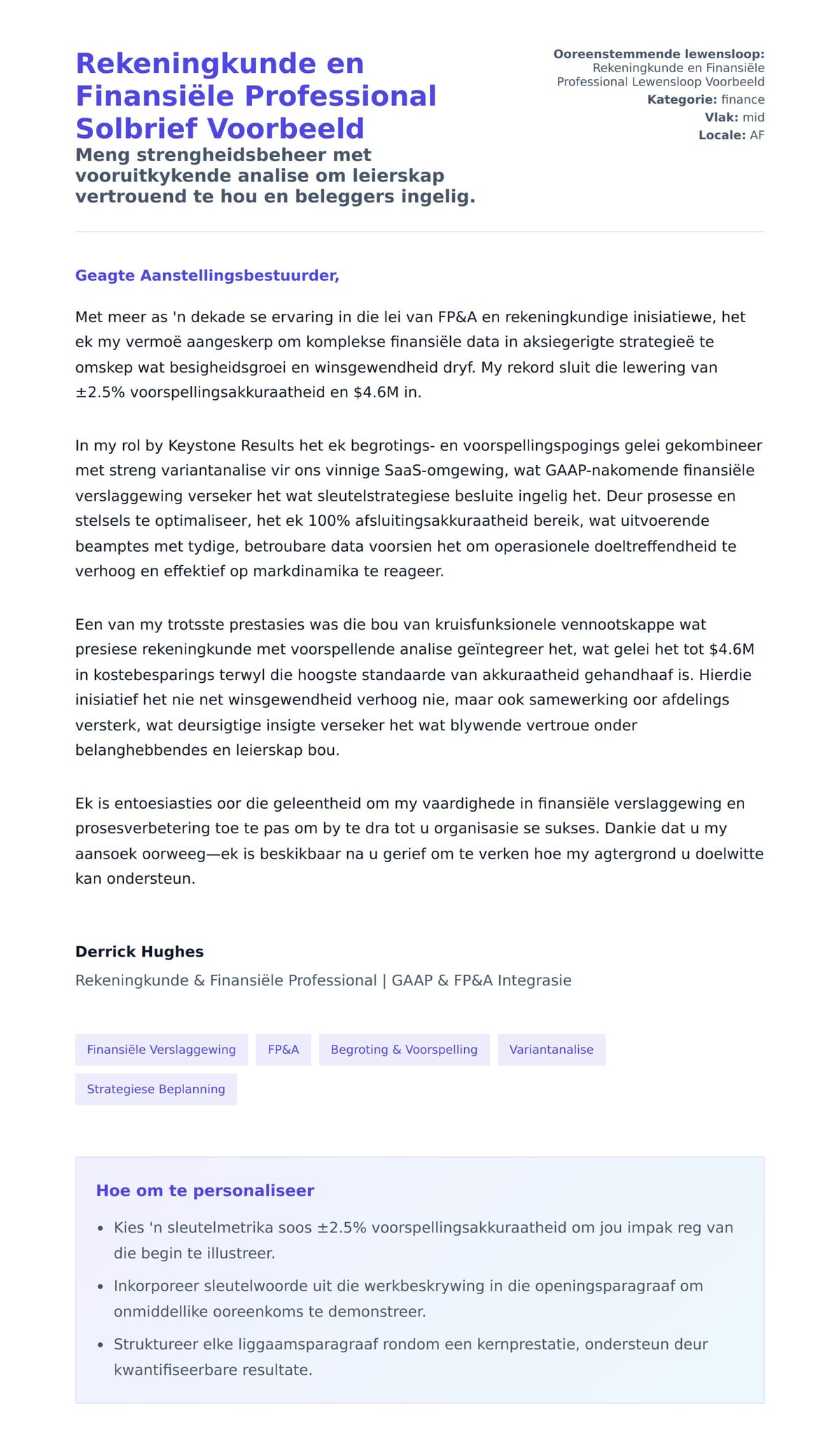 Solbrief-voorskou vir Rekeningkunde en Finansiële Professional Solbrief Voorbeeld