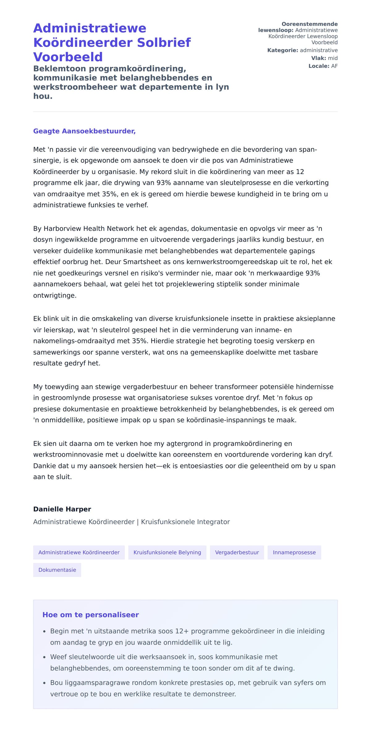 Solbrief-voorskou vir Administratiewe Koördineerder Solbrief Voorbeeld