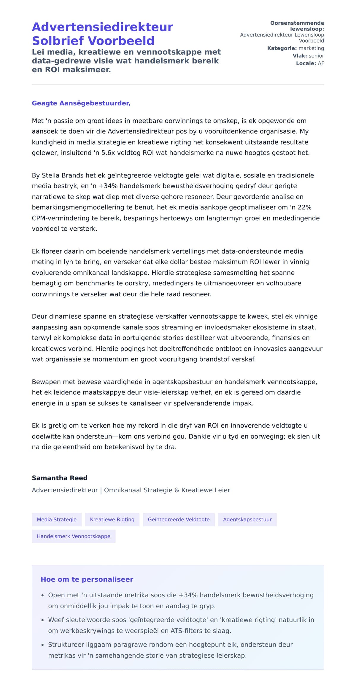 Solbrief-voorskou vir Advertensiedirekteur Solbrief Voorbeeld