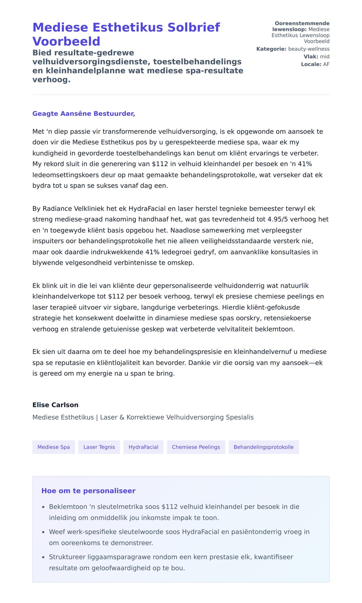 Solbrief-voorskou vir Mediese Esthetikus Solbrief Voorbeeld