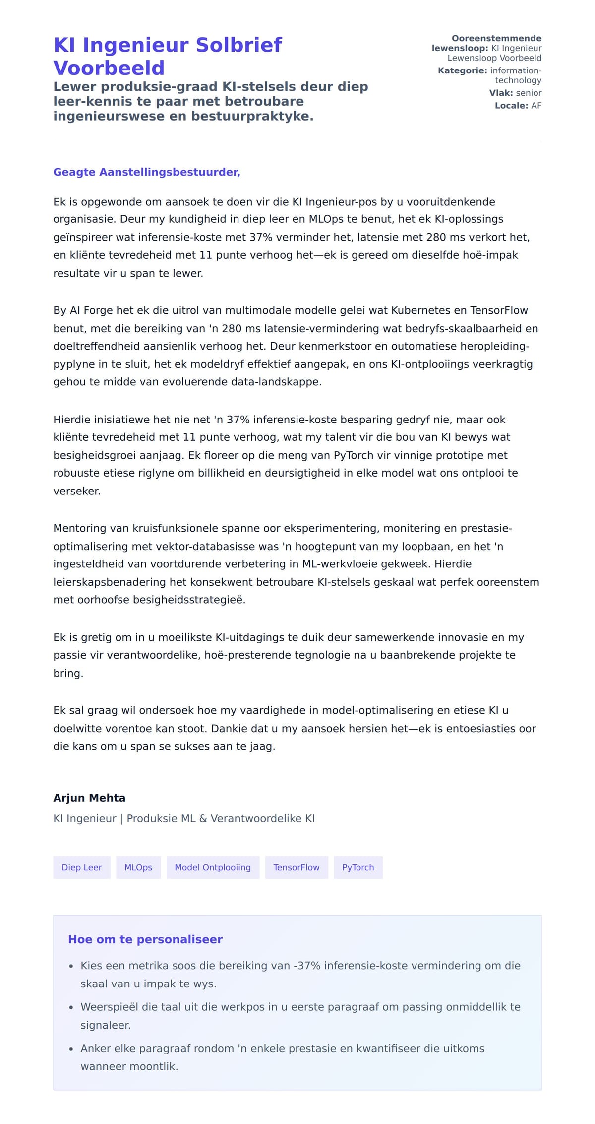 Solbrief-voorskou vir KI Ingenieur Solbrief Voorbeeld