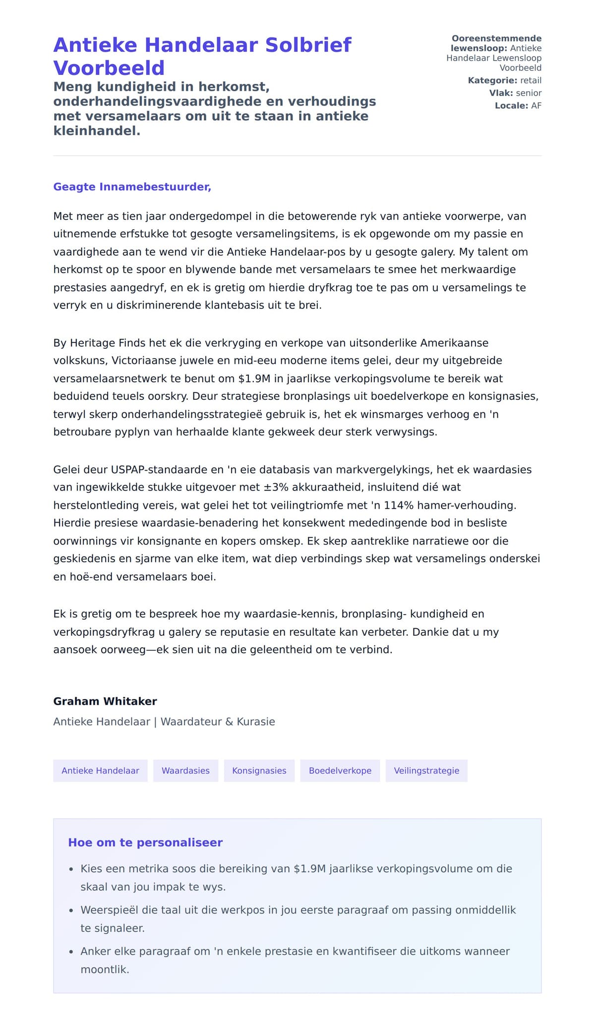 Solbrief-voorskou vir Antieke Handelaar Solbrief Voorbeeld