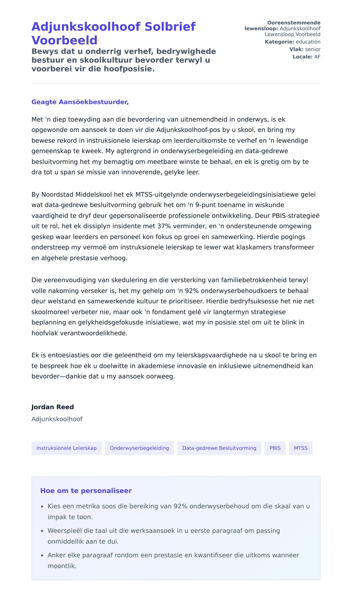 Solbrief-voorskou vir Adjunkskoolhoof Solbrief Voorbeeld