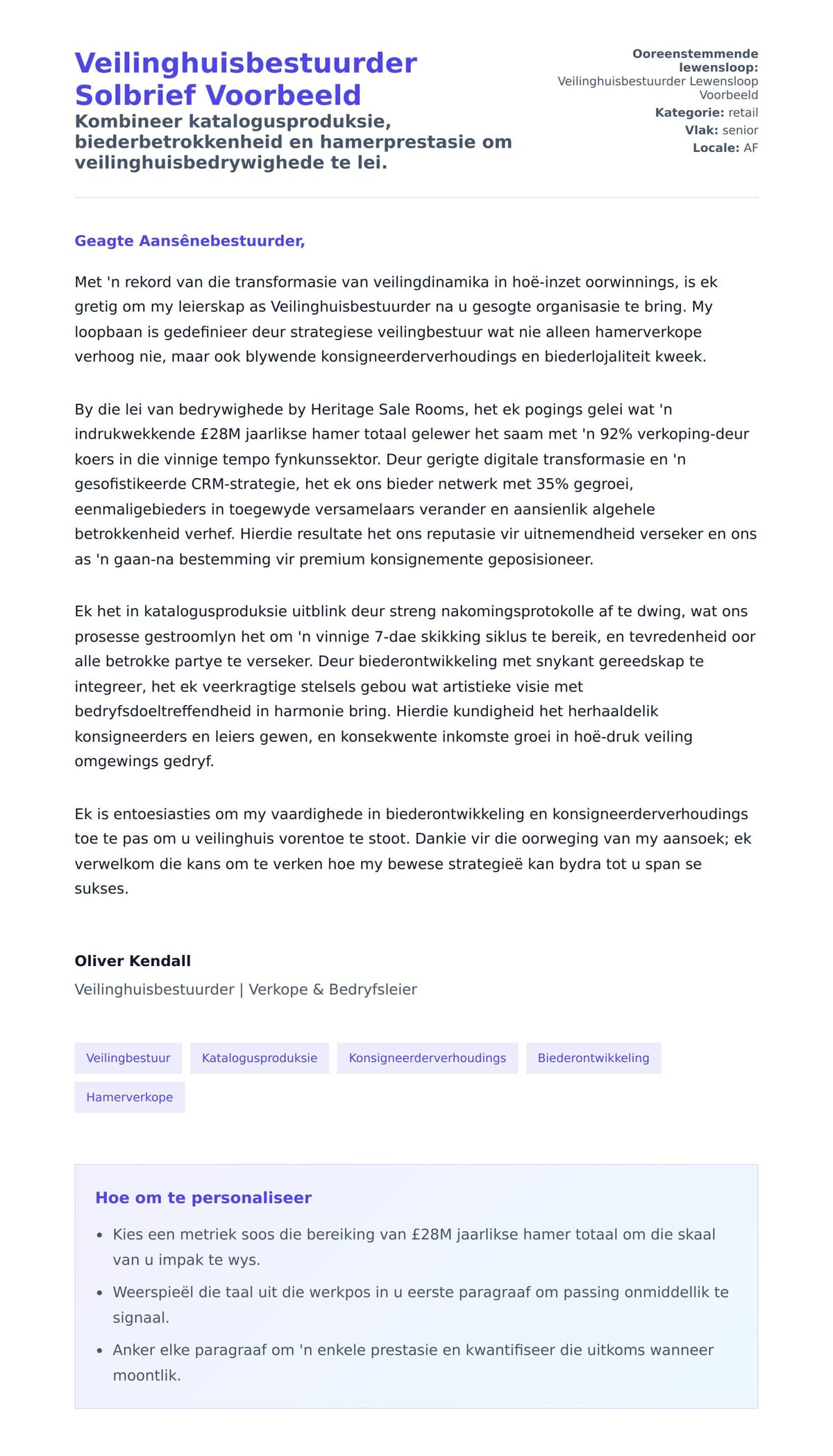 Solbrief-voorskou vir Veilinghuisbestuurder Solbrief Voorbeeld