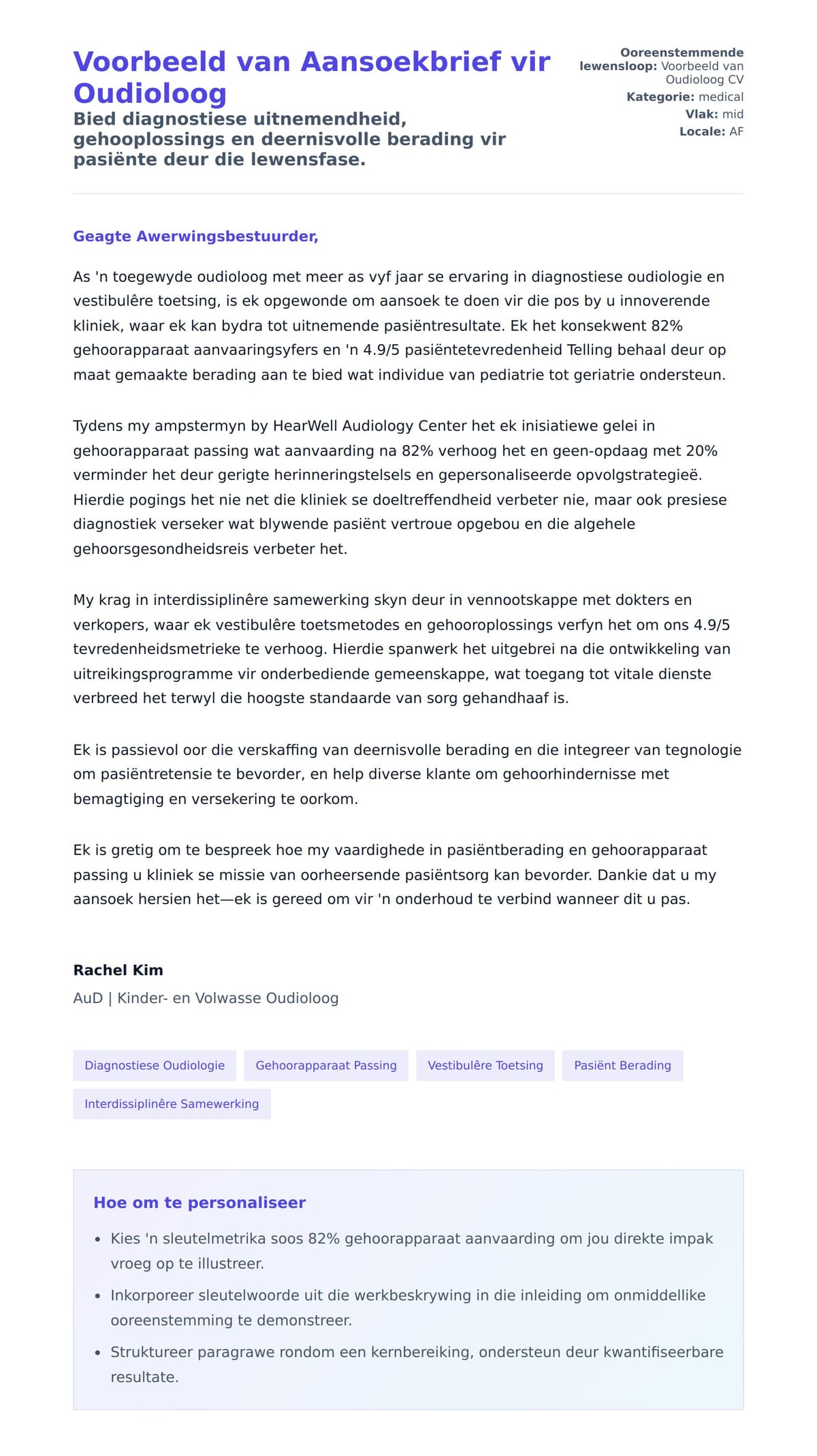 Solbrief-voorskou vir Voorbeeld van Aansoekbrief vir Oudioloog