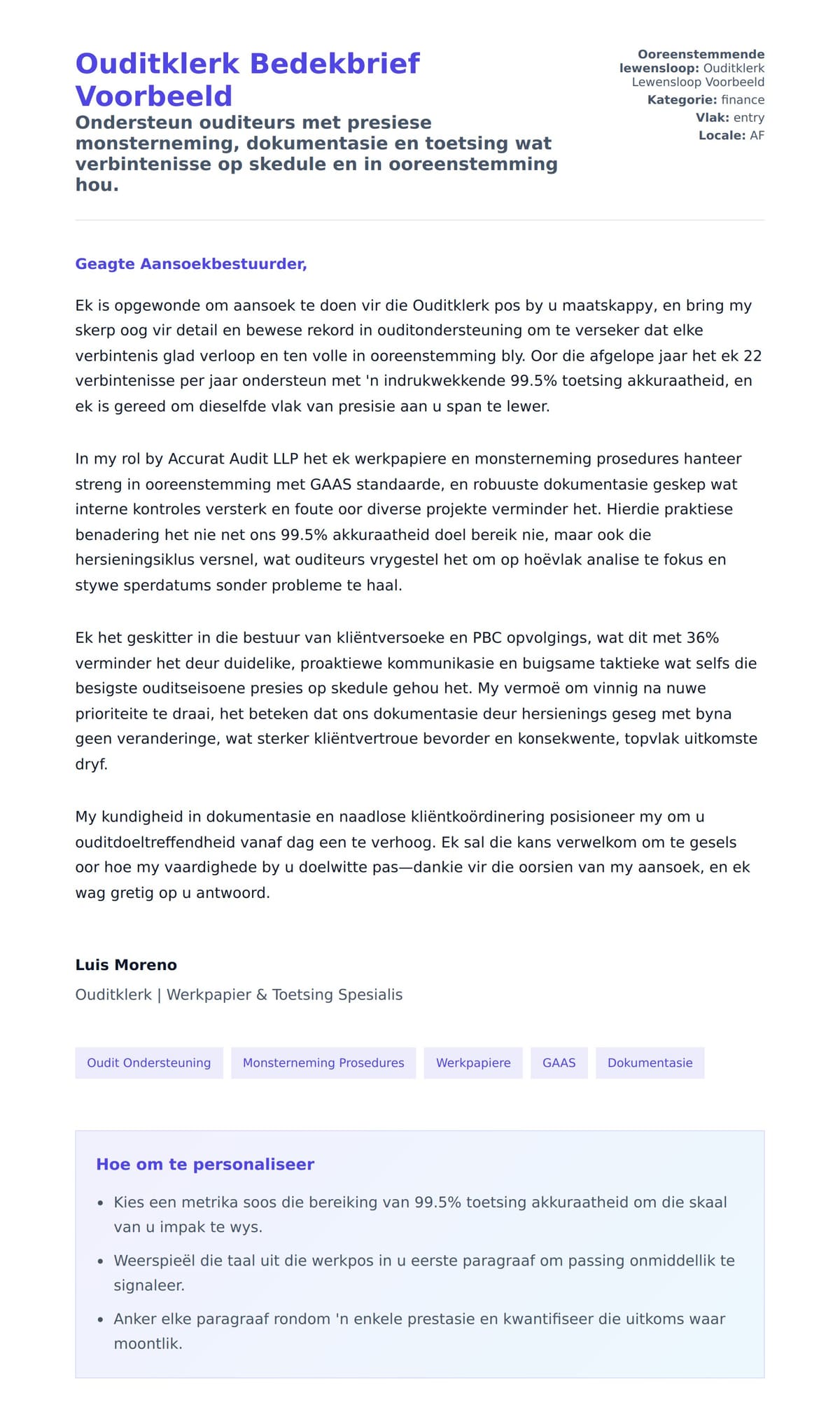 Solbrief-voorskou vir Ouditklerk Bedekbrief Voorbeeld