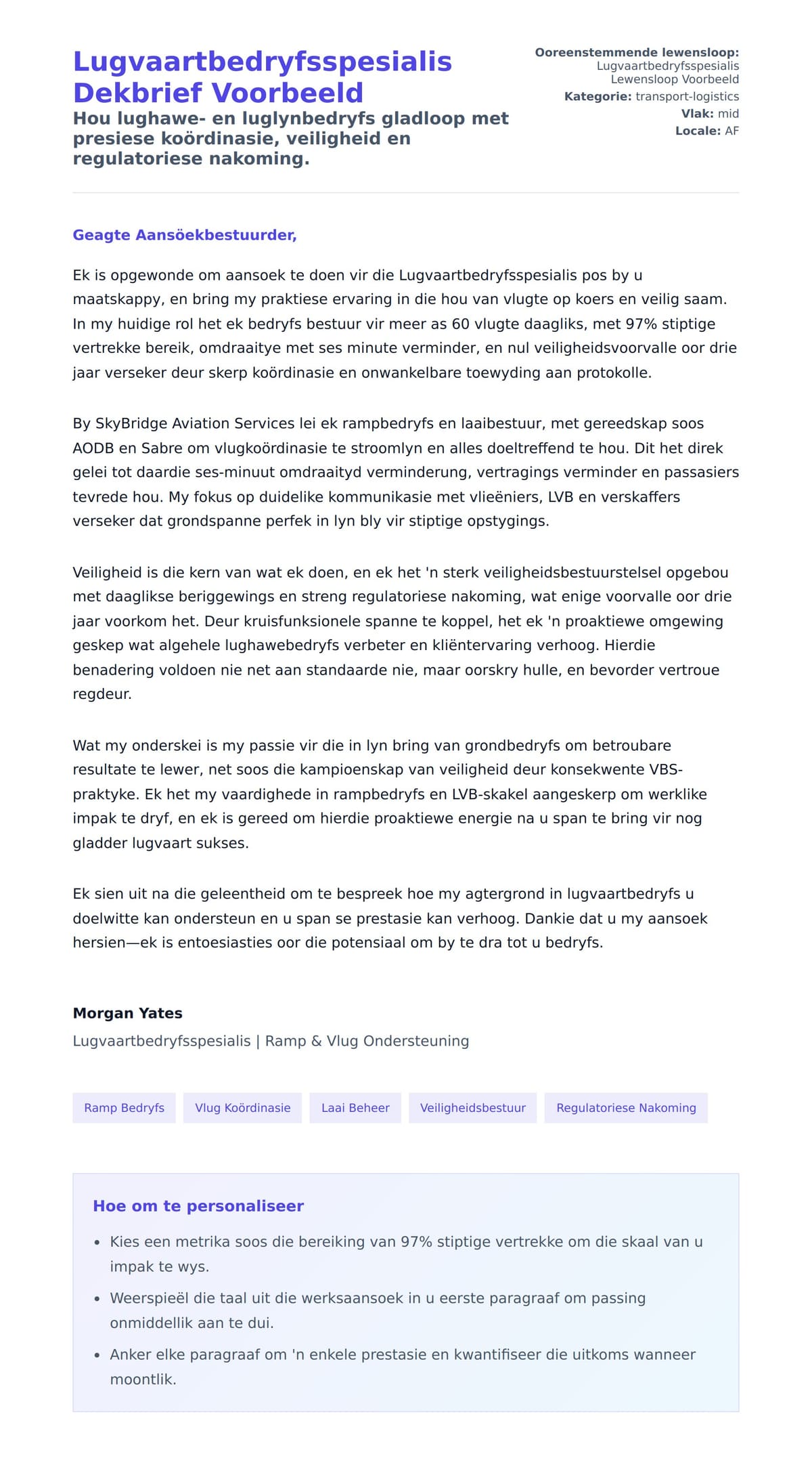 Solbrief-voorskou vir Lugvaartbedryfsspesialis Dekbrief Voorbeeld