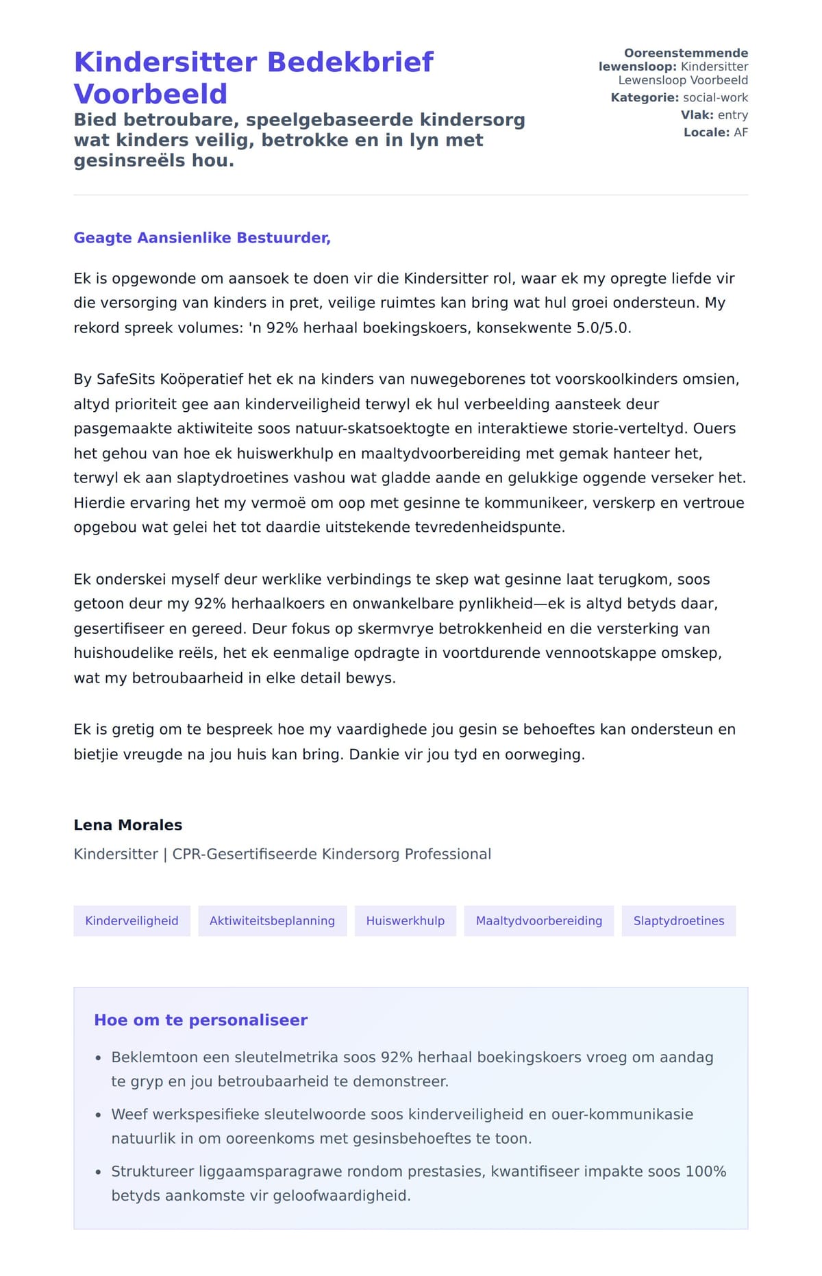 Solbrief-voorskou vir Kindersitter Bedekbrief Voorbeeld