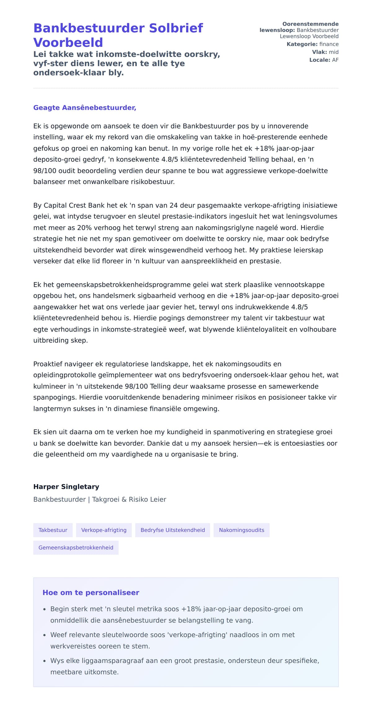 Solbrief-voorskou vir Bankbestuurder Solbrief Voorbeeld