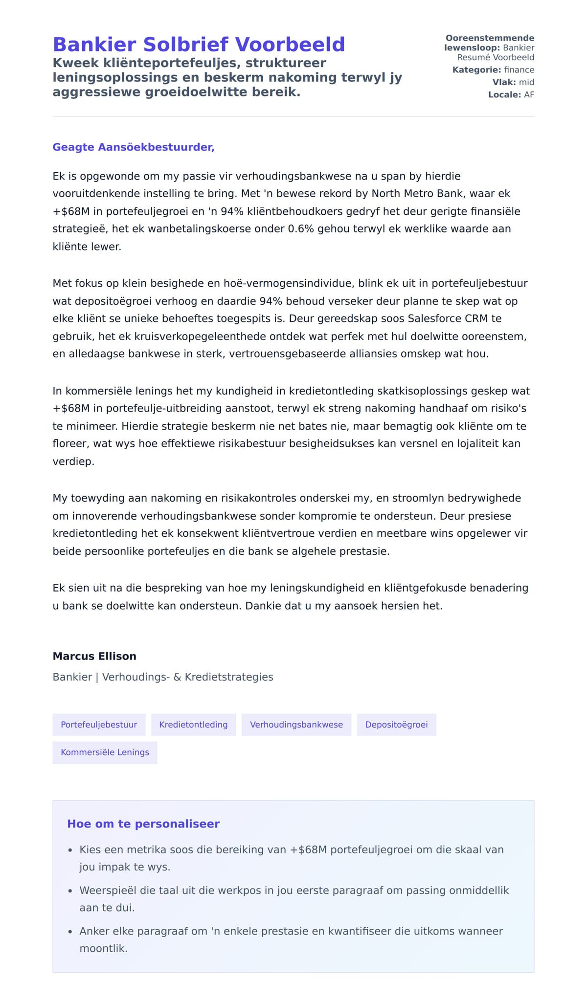 Solbrief-voorskou vir Bankier Solbrief Voorbeeld