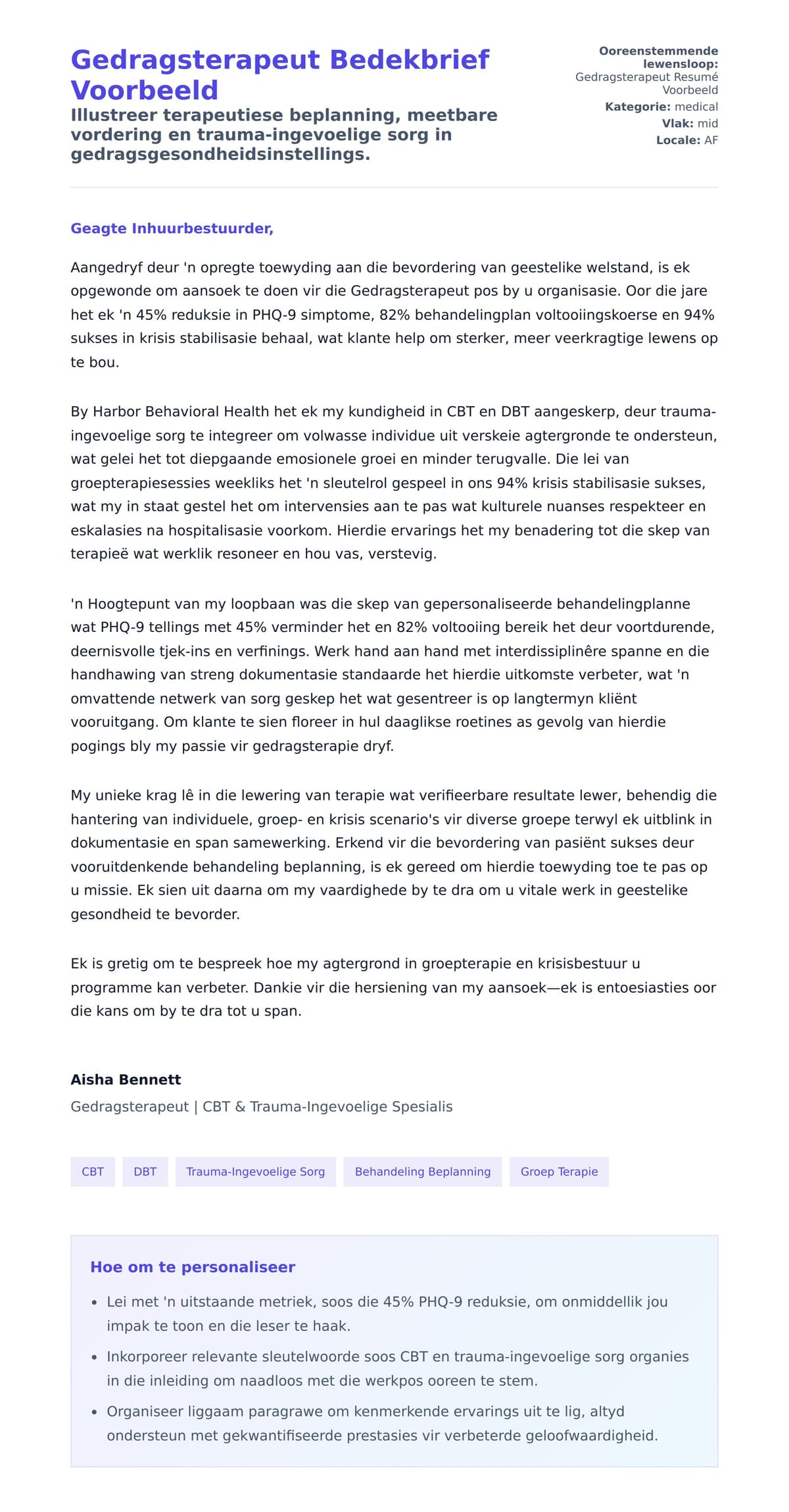 Solbrief-voorskou vir Gedragsterapeut Bedekbrief Voorbeeld