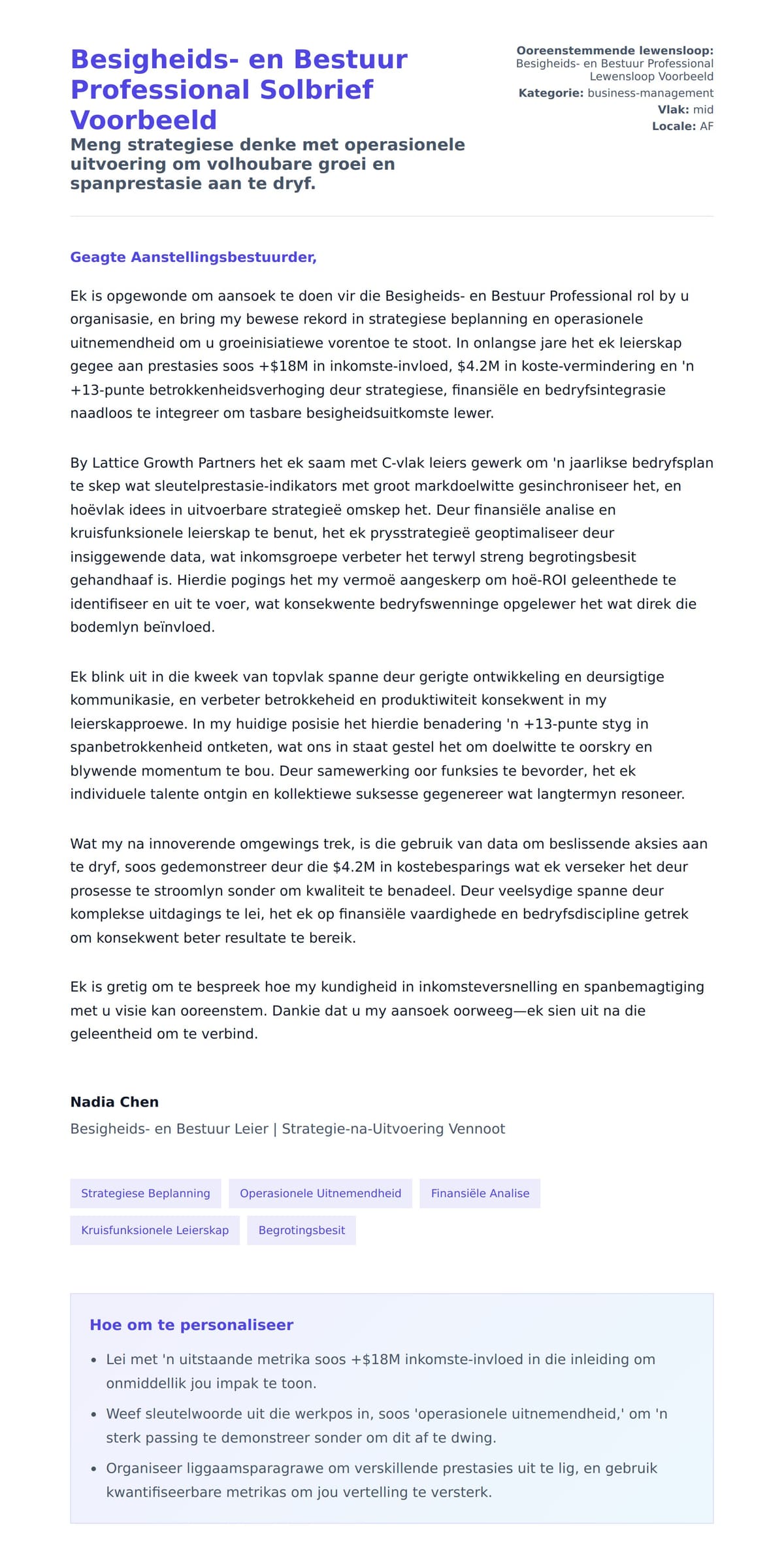 Solbrief-voorskou vir Besigheids- en Bestuur Professional Solbrief Voorbeeld