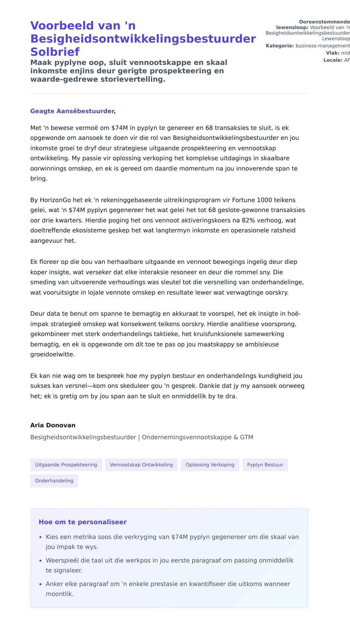 Solbrief-voorskou vir Voorbeeld van 'n Besigheidsontwikkelingsbestuurder Solbrief