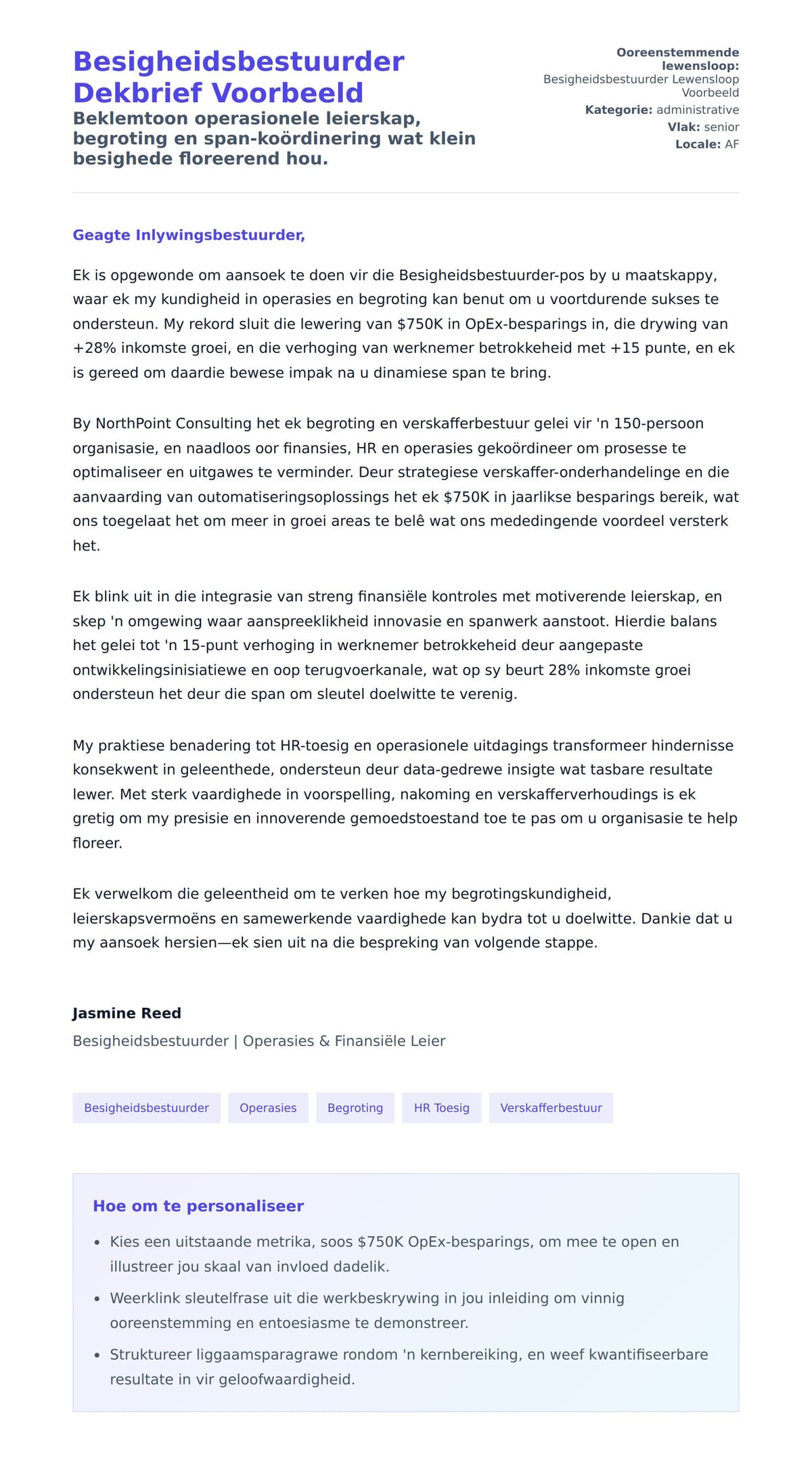 Solbrief-voorskou vir Besigheidsbestuurder Dekbrief Voorbeeld