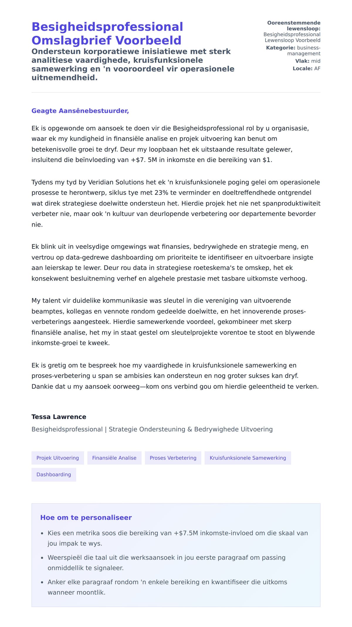 Solbrief-voorskou vir Besigheidsprofessional Omslagbrief Voorbeeld