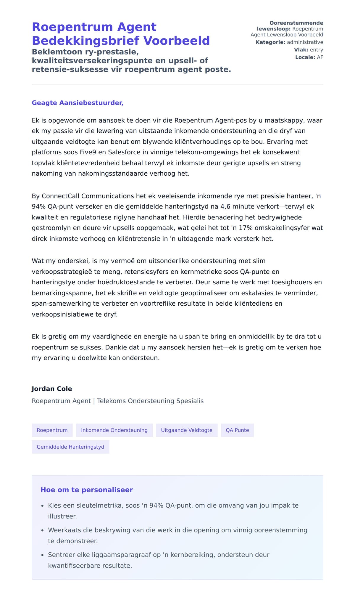 Roepentrum Agent Bedekkingsbrief Voorbeeld