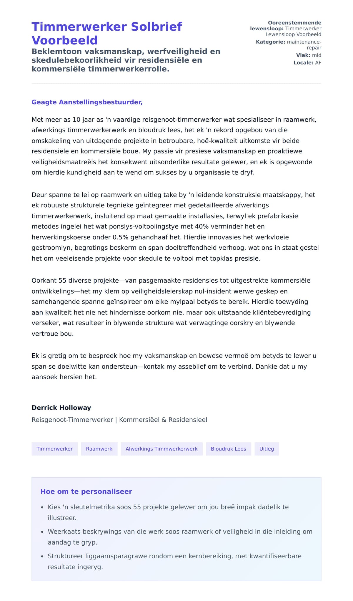 Solbrief-voorskou vir Timmerwerker Solbrief Voorbeeld