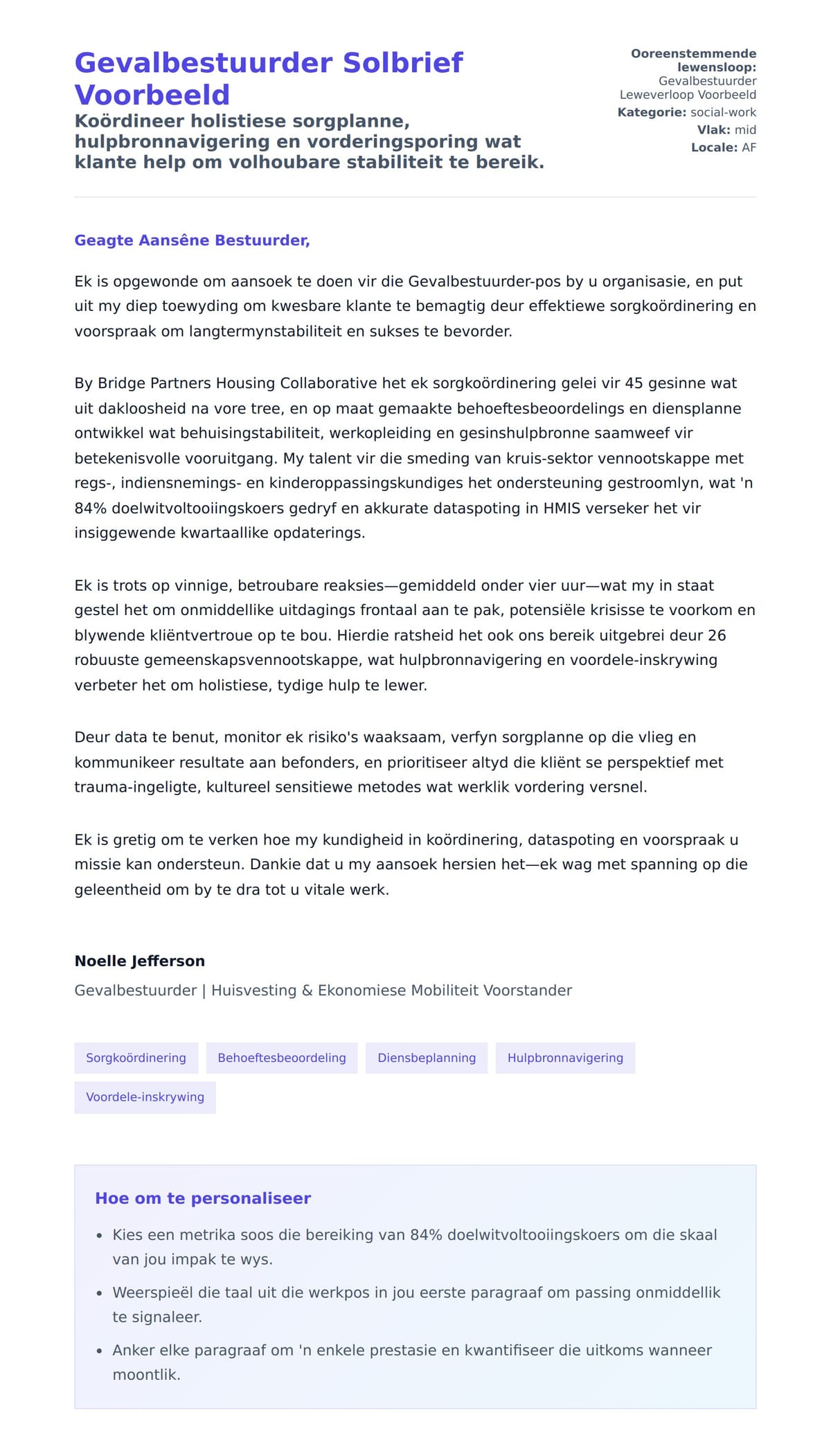 Solbrief-voorskou vir Gevalbestuurder Solbrief Voorbeeld