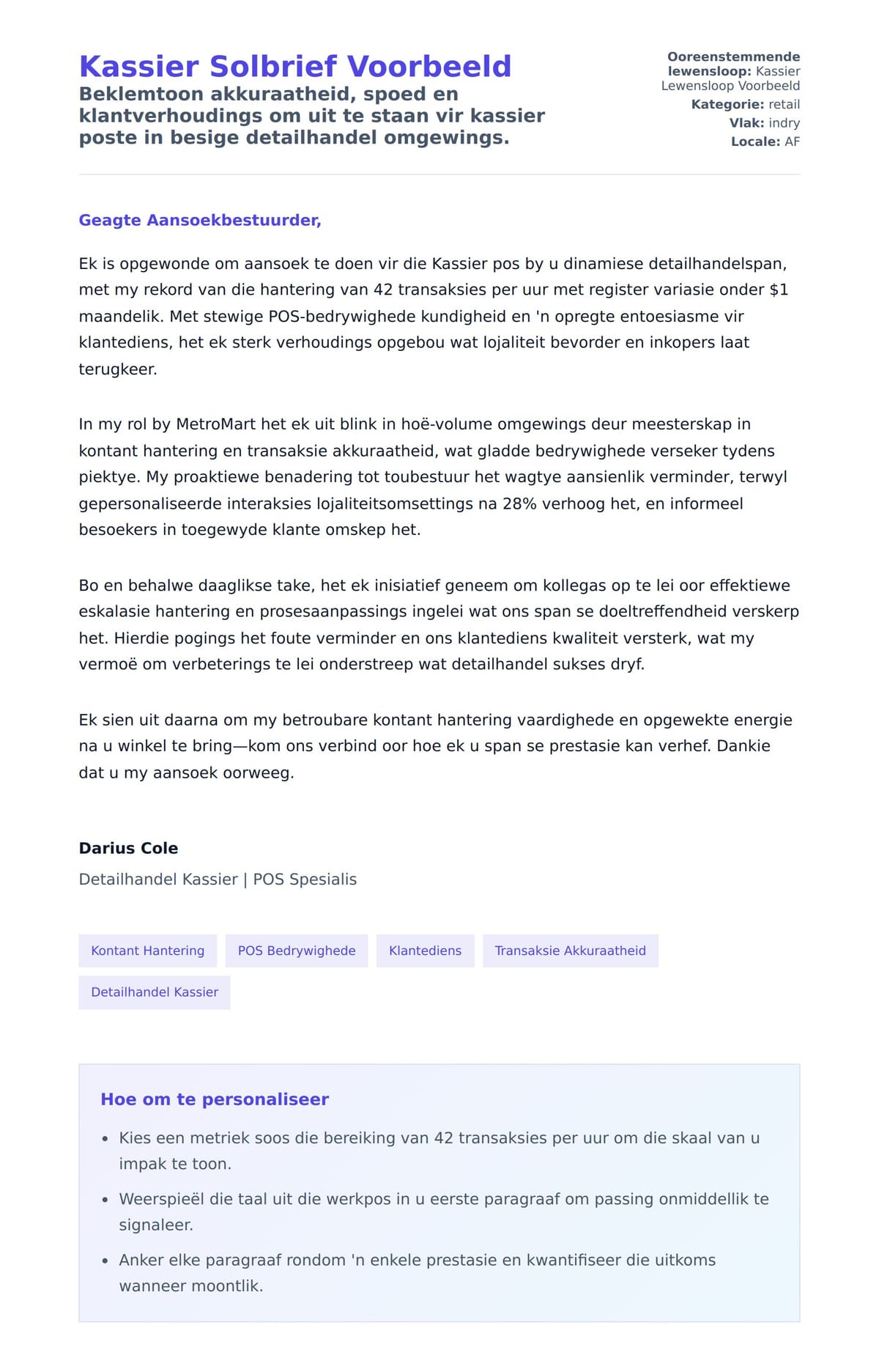 Solbrief-voorskou vir Kassier Solbrief Voorbeeld