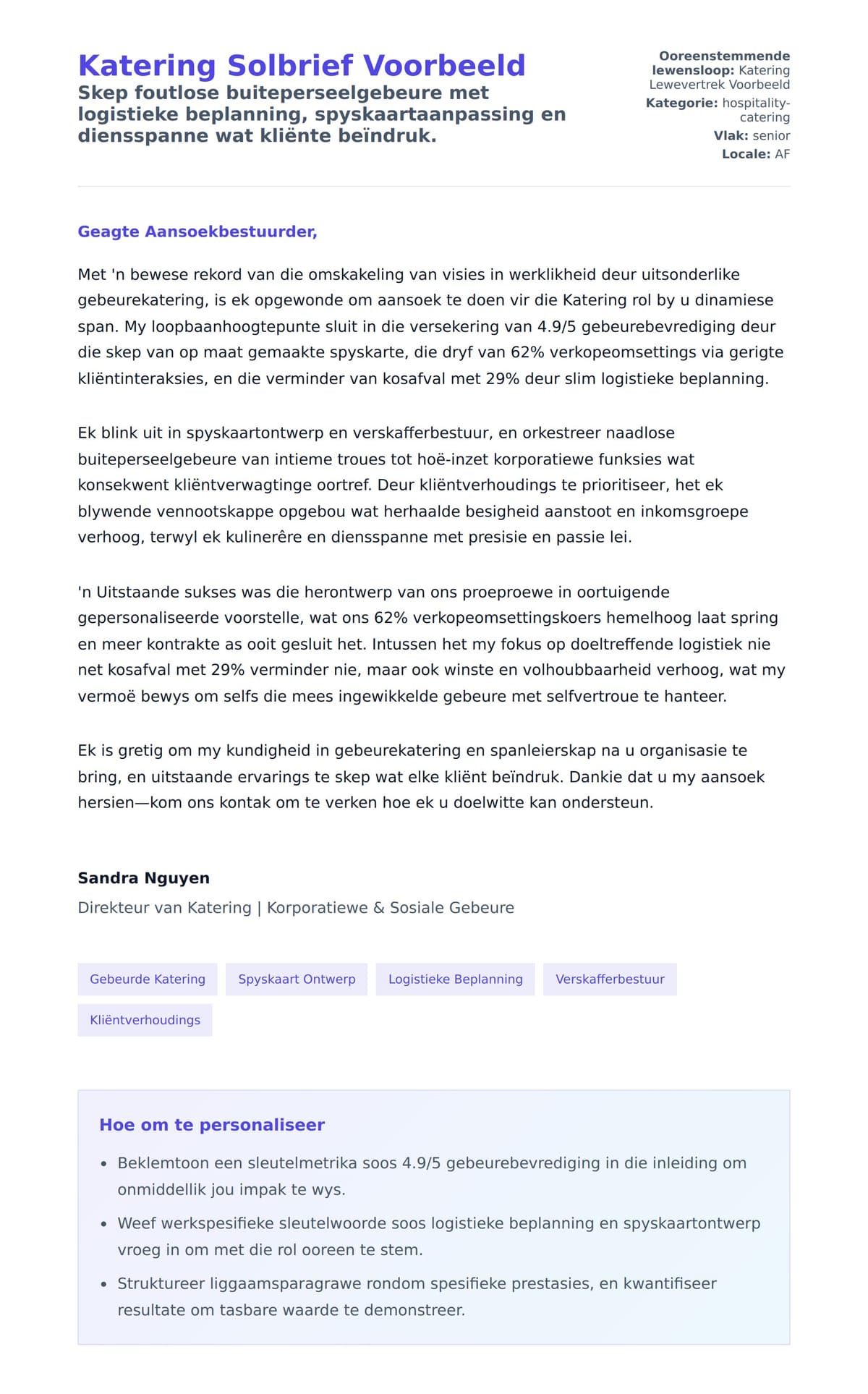 Solbrief-voorskou vir Katering Solbrief Voorbeeld