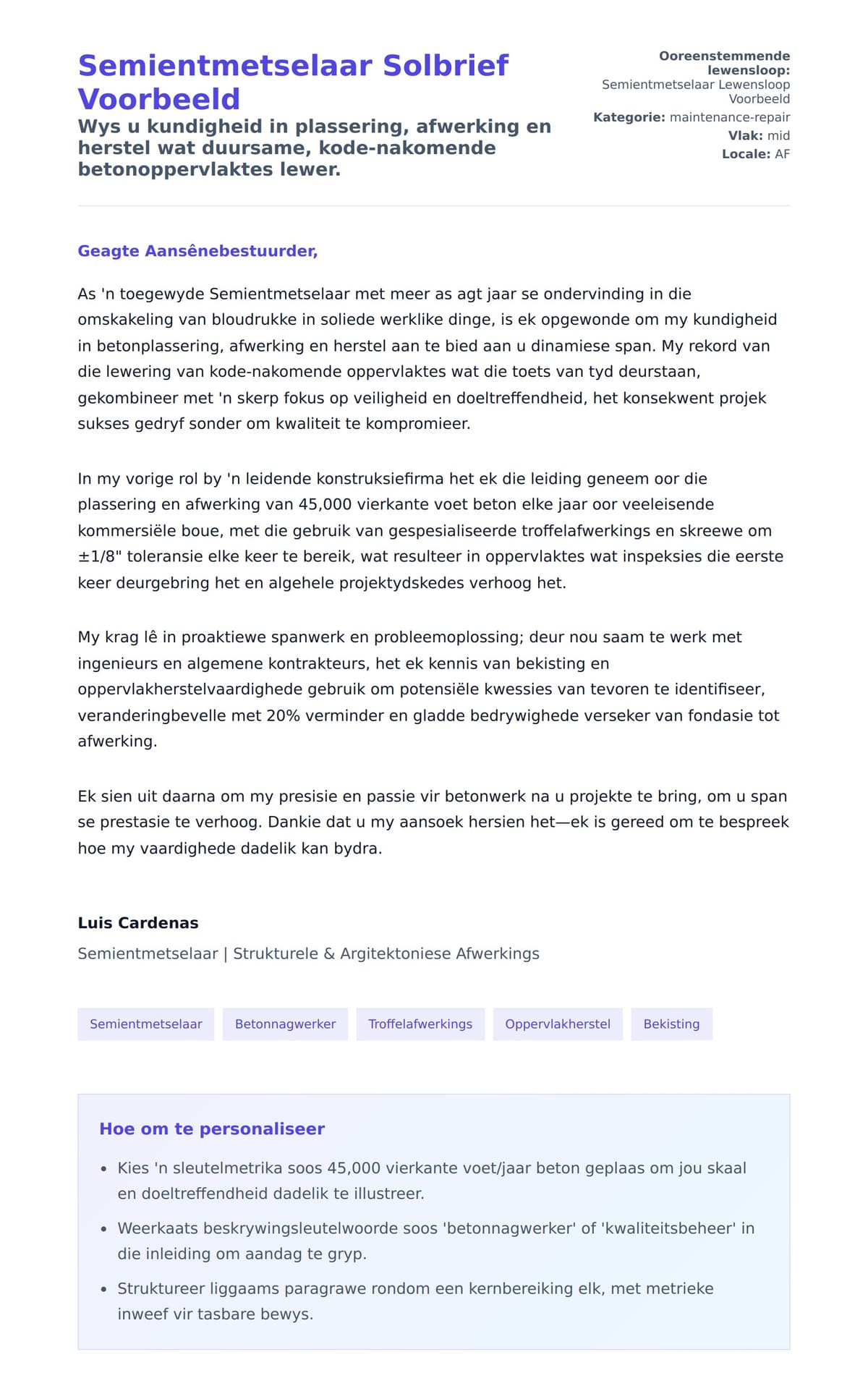 Solbrief-voorskou vir Semientmetselaar Solbrief Voorbeeld