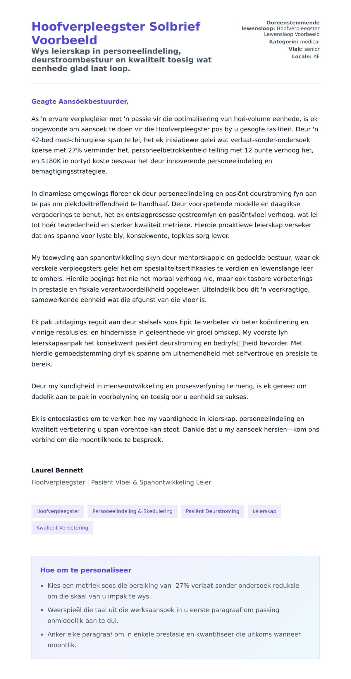 Solbrief-voorskou vir Hoofverpleegster Solbrief Voorbeeld