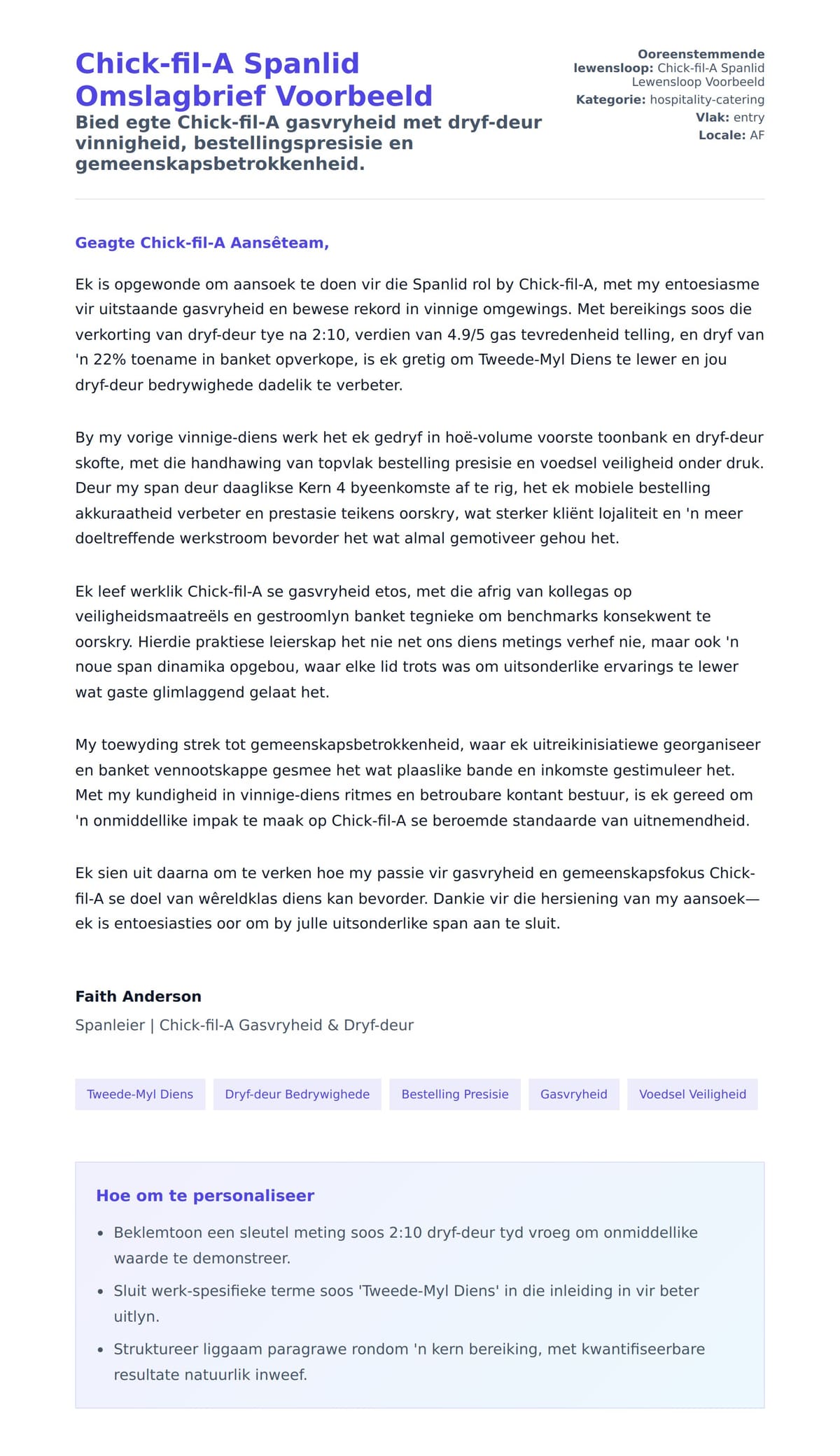 Solbrief-voorskou vir Chick-fil-A Spanlid Omslagbrief Voorbeeld