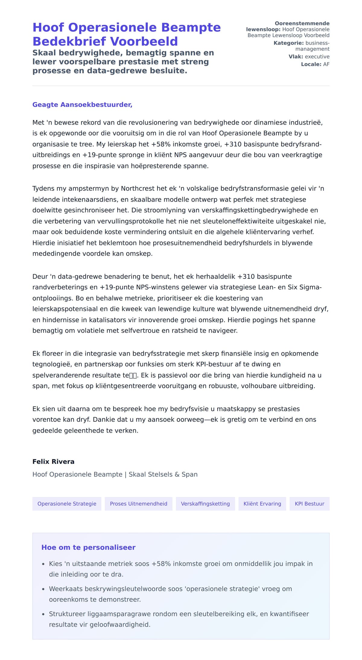 Solbrief-voorskou vir Hoof Operasionele Beampte Bedekbrief Voorbeeld