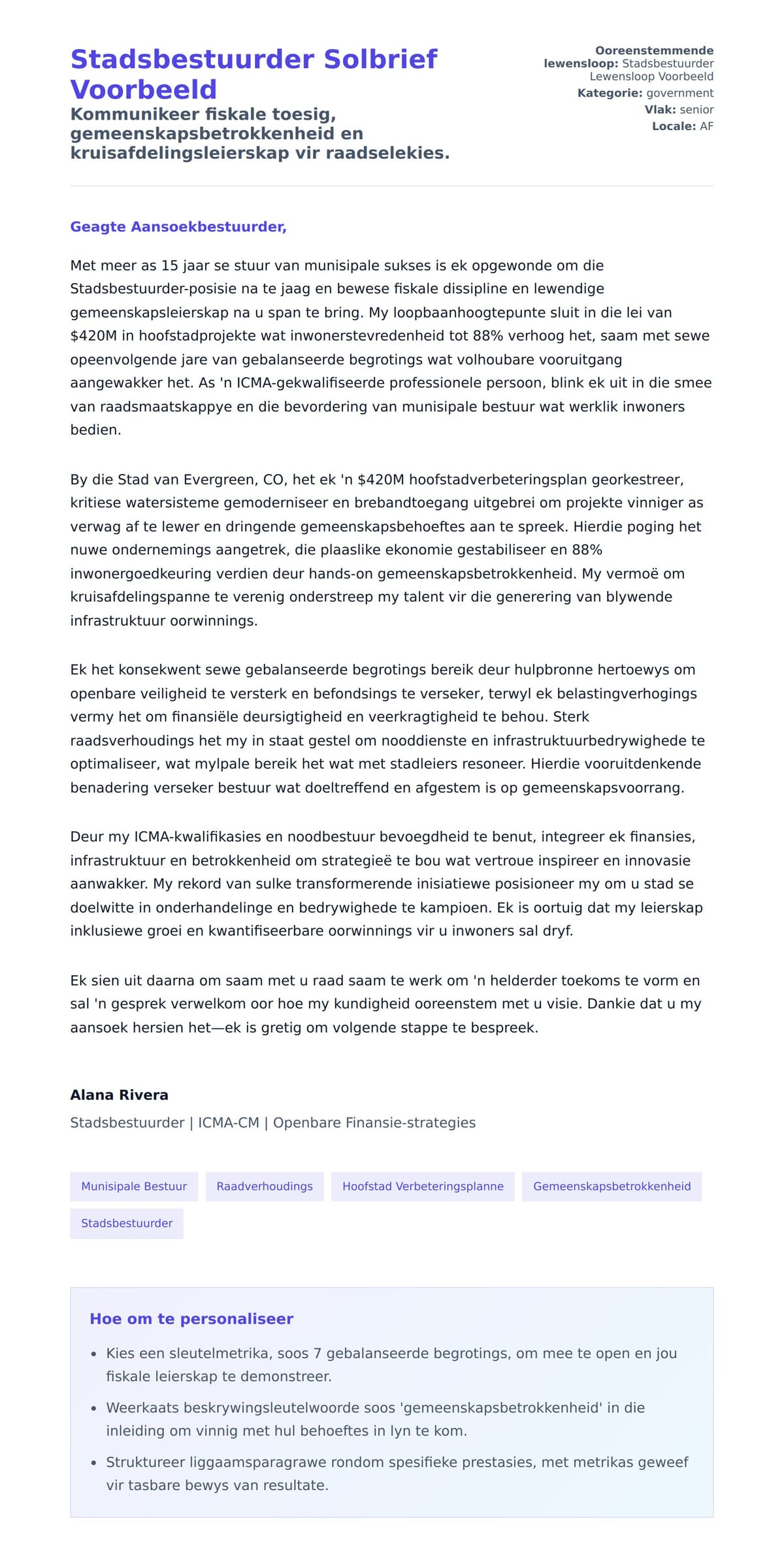 Solbrief-voorskou vir Stadsbestuurder Solbrief Voorbeeld