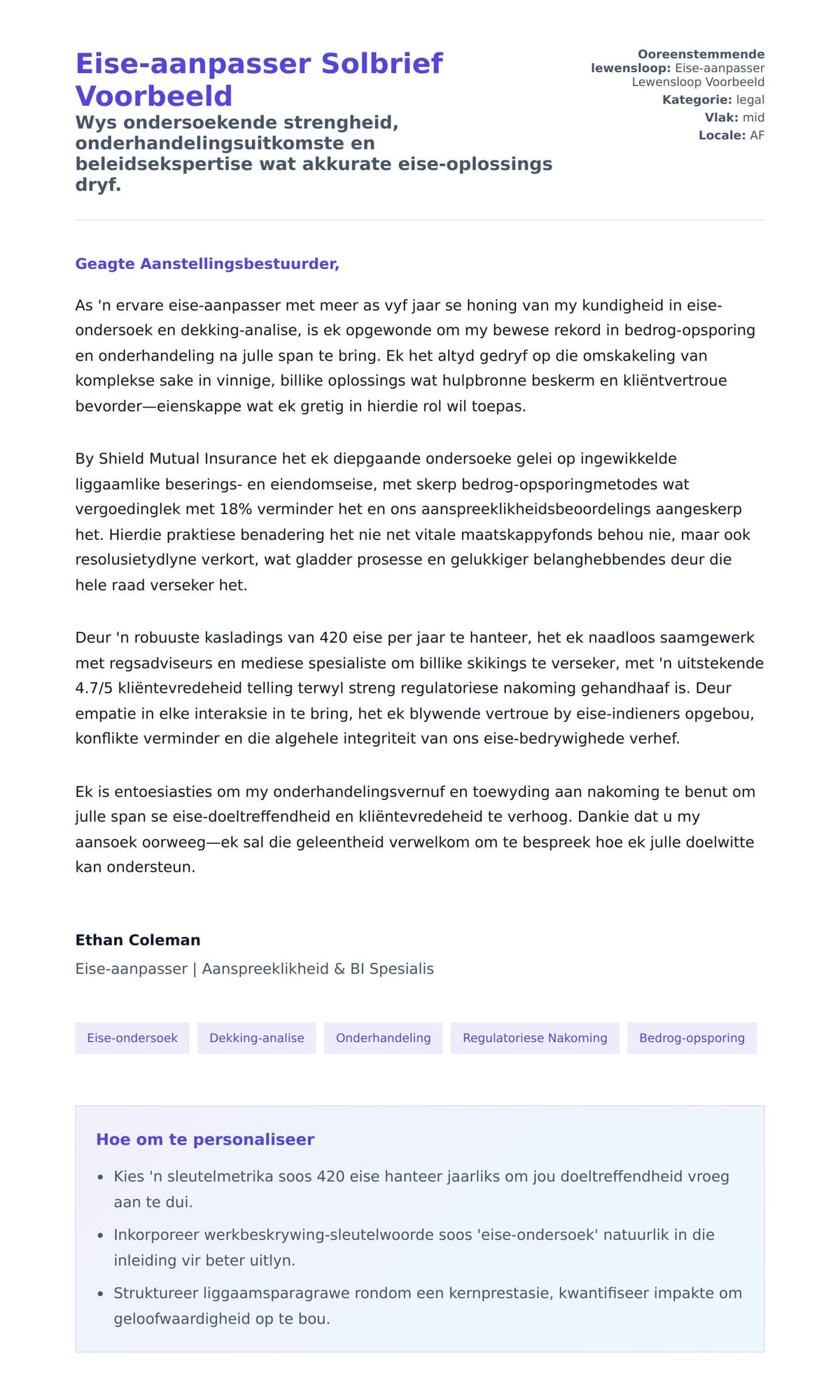 Solbrief-voorskou vir Eise-aanpasser Solbrief Voorbeeld