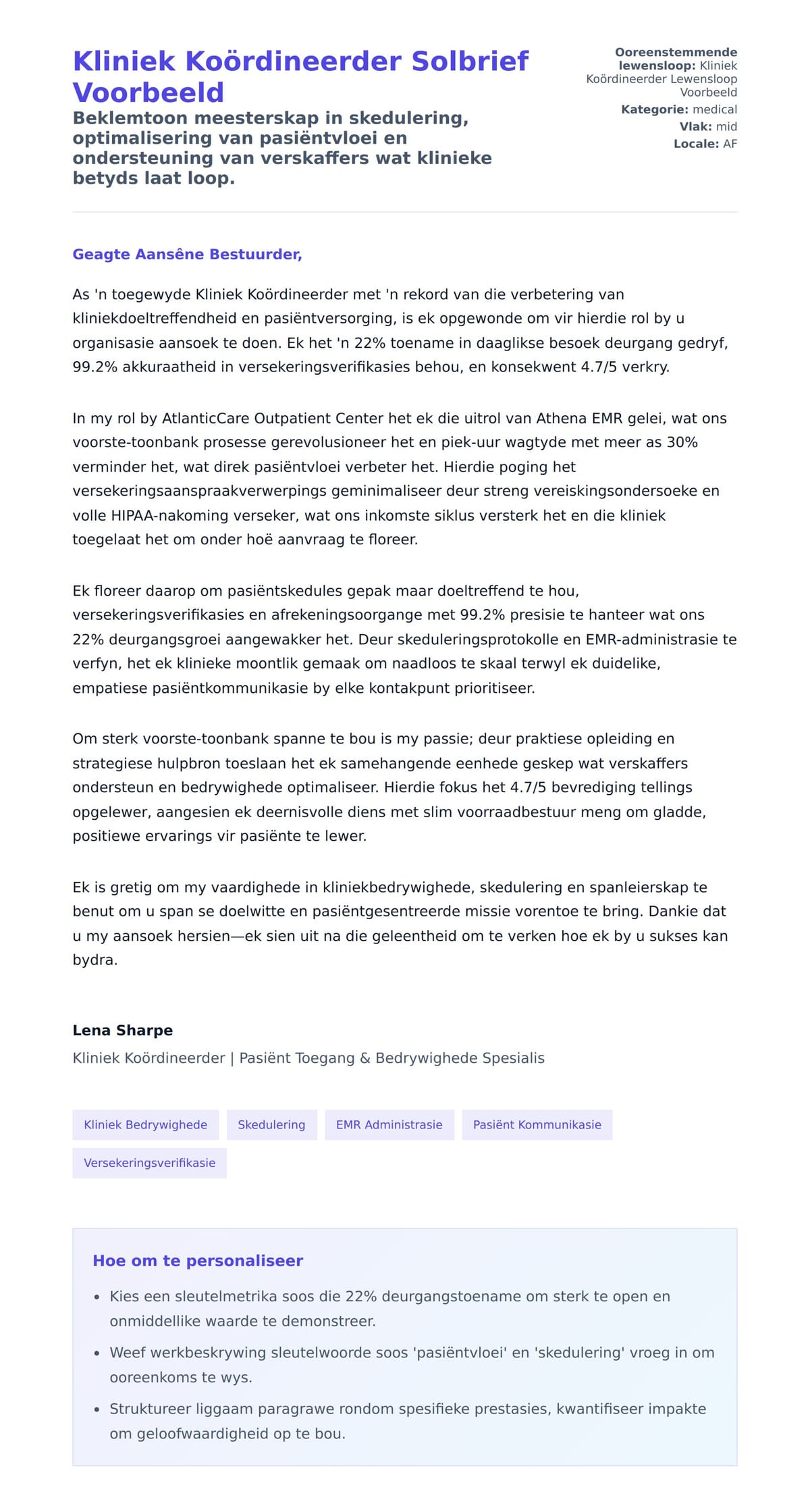 Solbrief-voorskou vir Kliniek Koördineerder Solbrief Voorbeeld