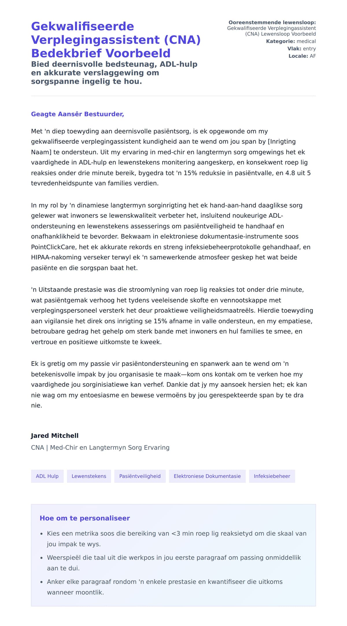 Solbrief-voorskou vir Gekwalifiseerde Verplegingassistent (CNA) Bedekbrief Voorbeeld