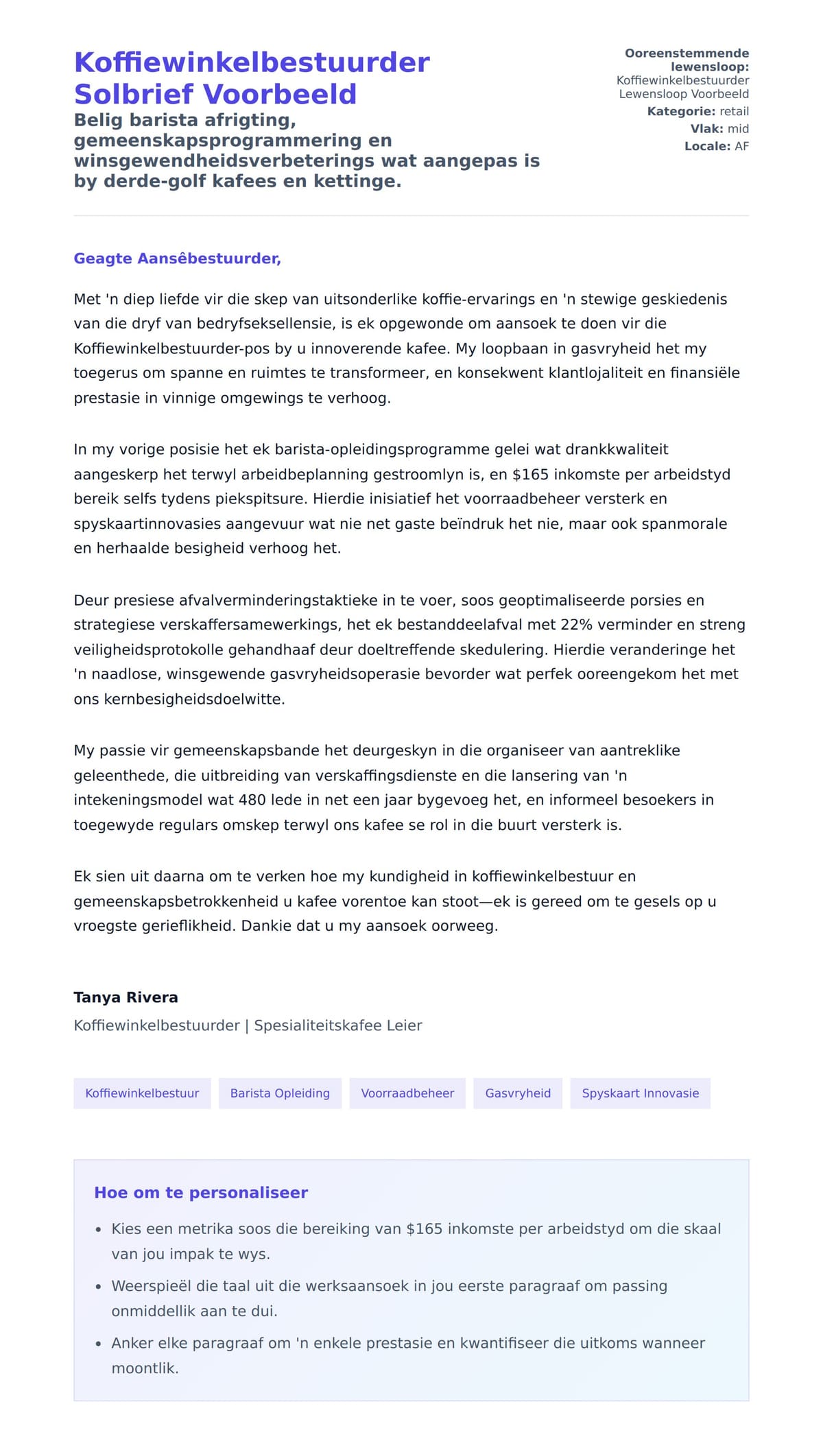 Solbrief-voorskou vir Koffiewinkelbestuurder Solbrief Voorbeeld