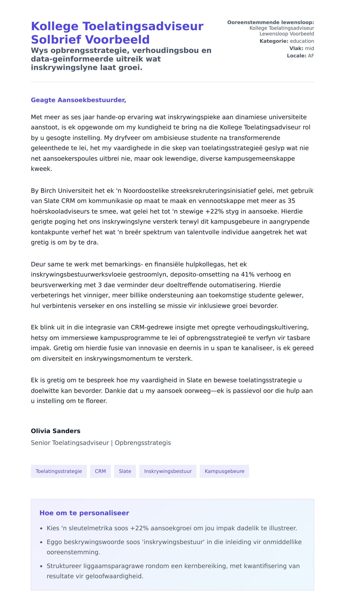 Solbrief-voorskou vir Kollege Toelatingsadviseur Solbrief Voorbeeld