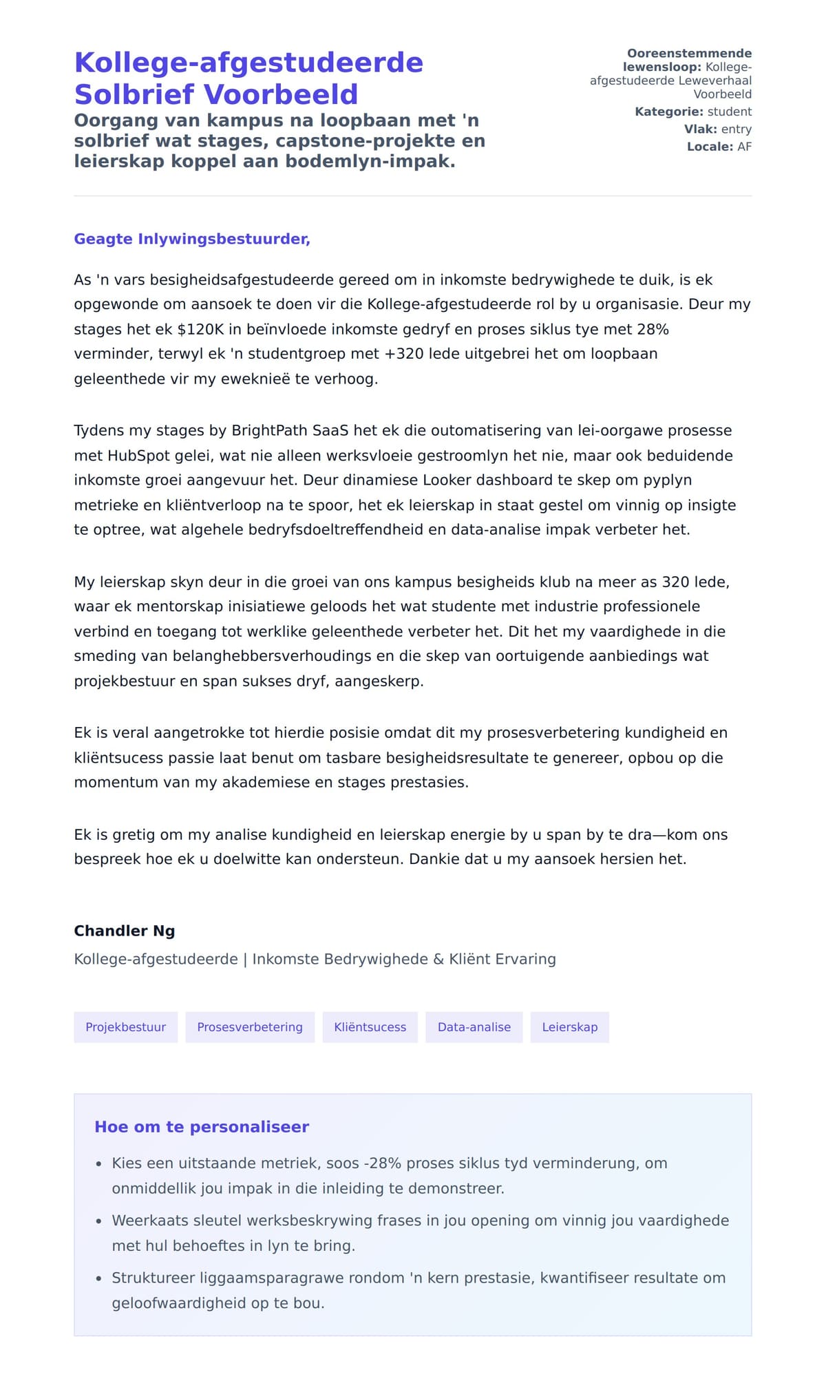 Solbrief-voorskou vir Kollege-afgestudeerde Solbrief Voorbeeld