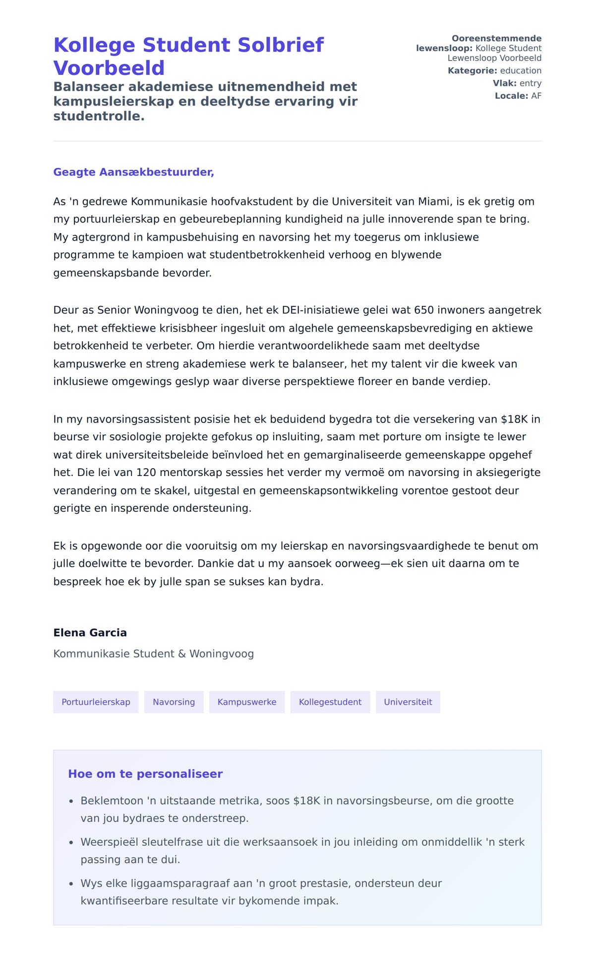 Solbrief-voorskou vir Kollege Student Solbrief Voorbeeld