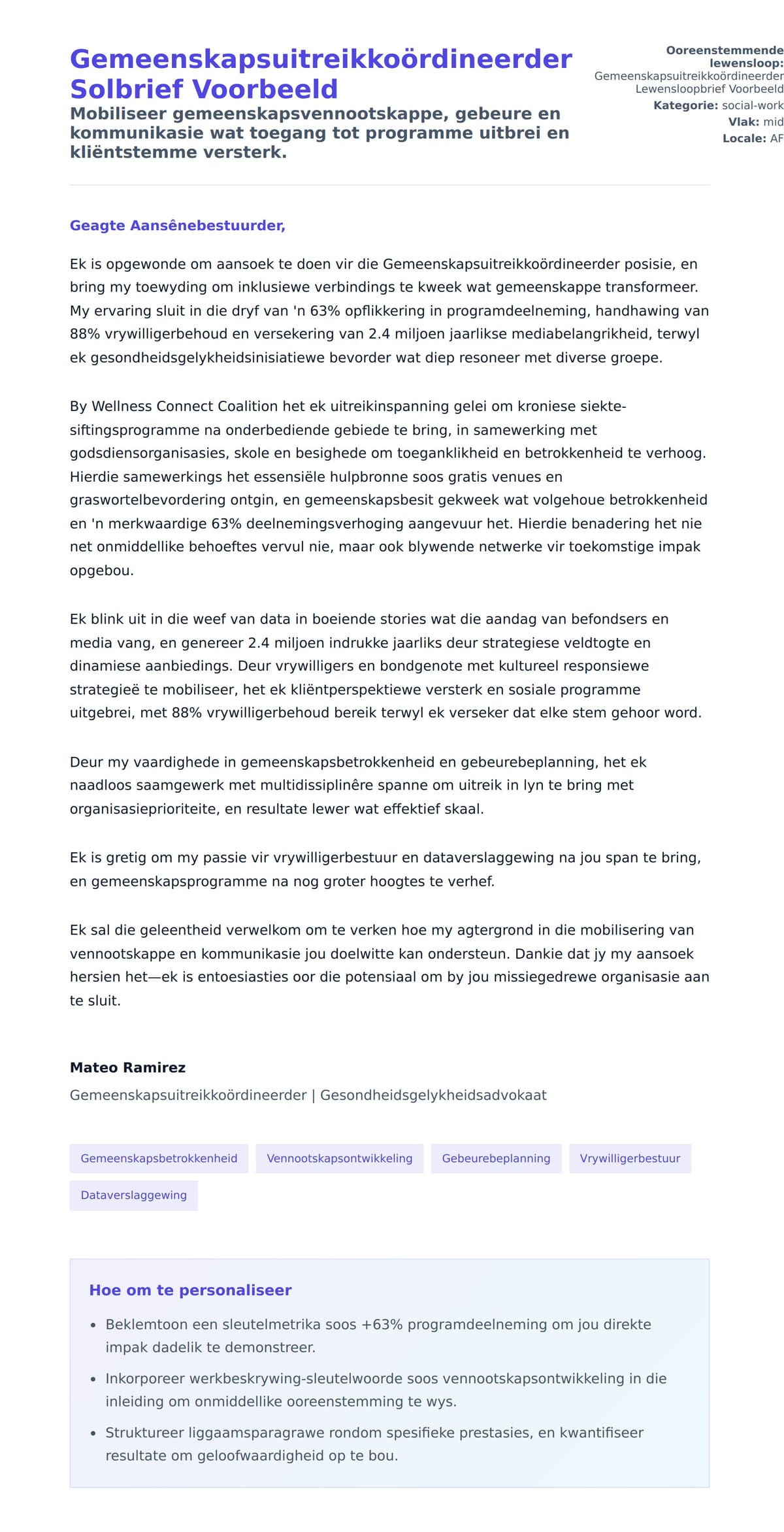 Solbrief-voorskou vir Gemeenskapsuitreikkoördineerder Solbrief Voorbeeld