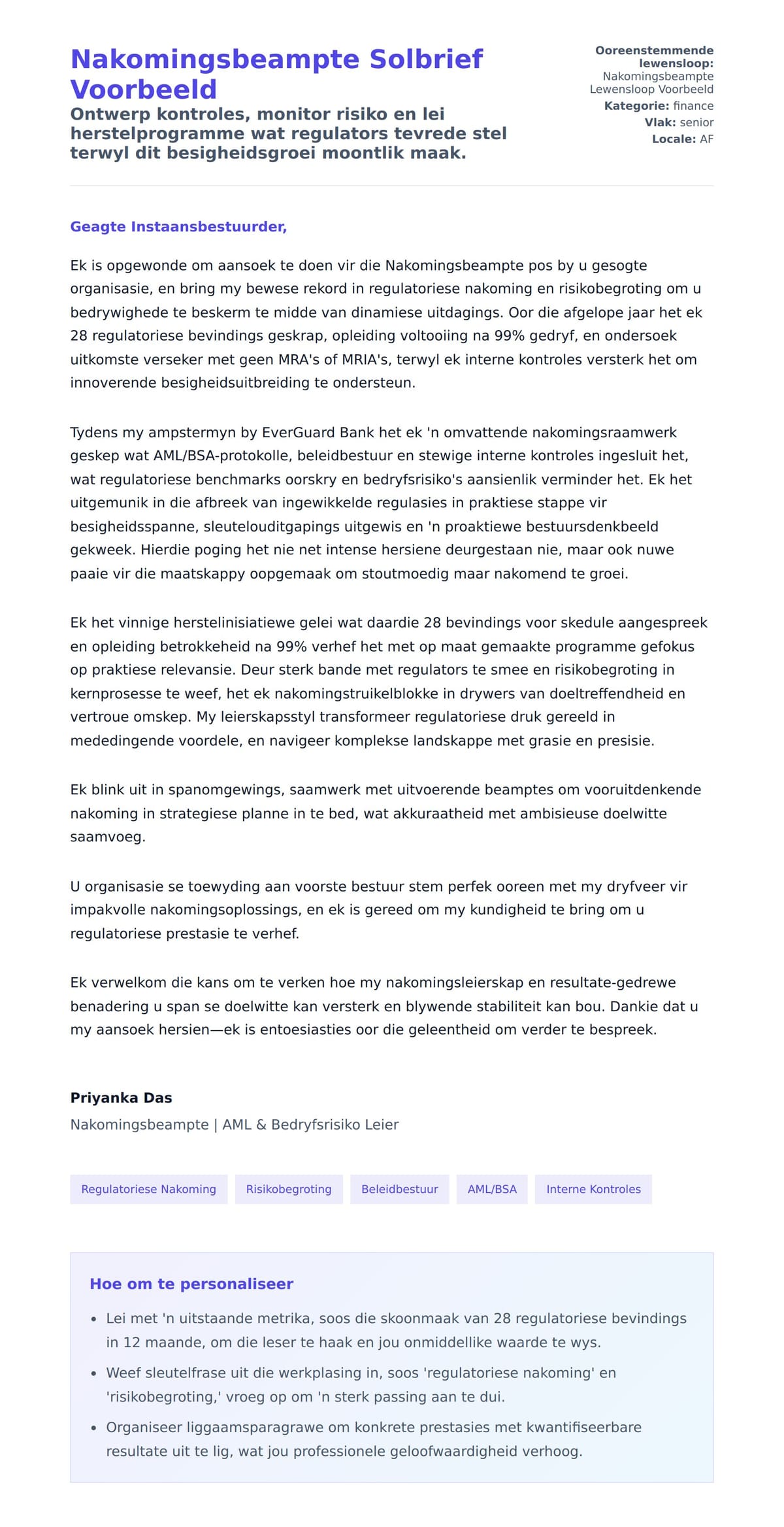 Solbrief-voorskou vir Nakomingsbeampte Solbrief Voorbeeld