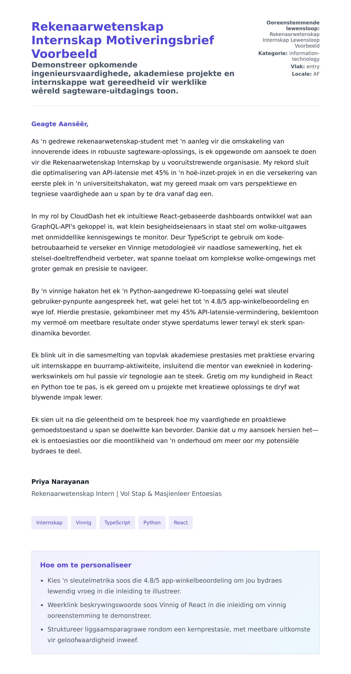 Solbrief-voorskou vir Rekenaarwetenskap Internskap Motiveringsbrief Voorbeeld