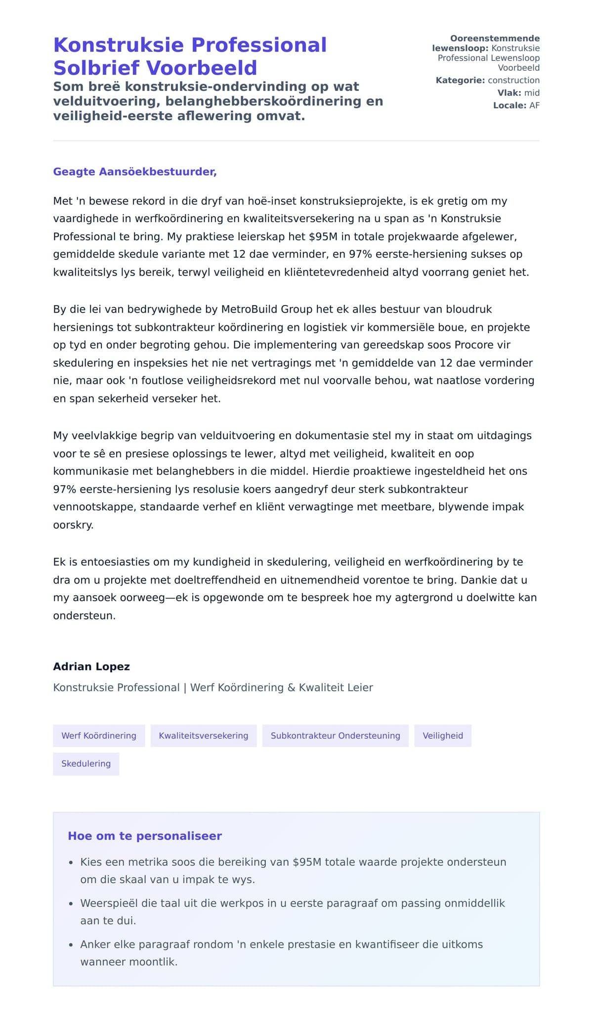 Solbrief-voorskou vir Konstruksie Professional Solbrief Voorbeeld