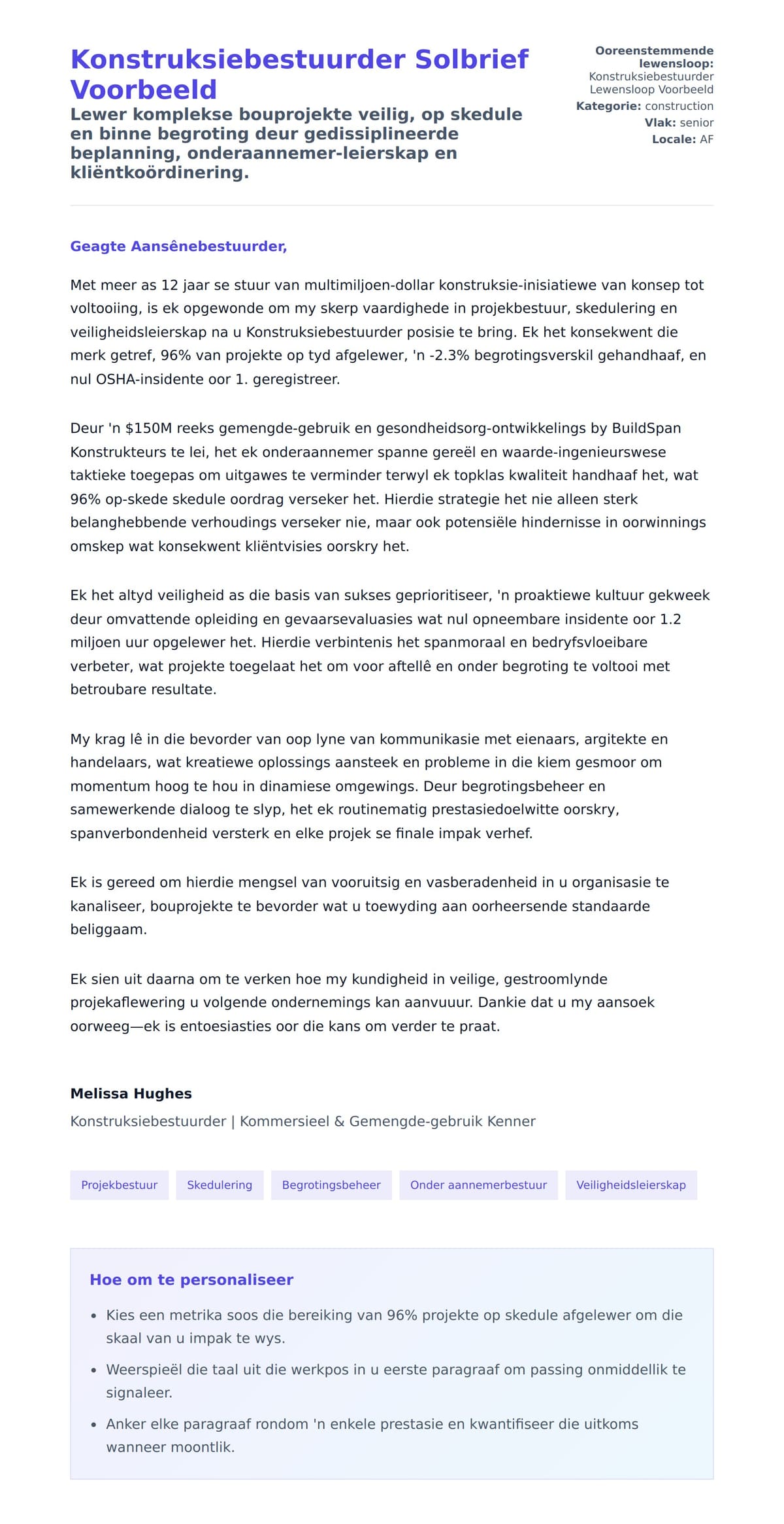 Solbrief-voorskou vir Konstruksiebestuurder Solbrief Voorbeeld