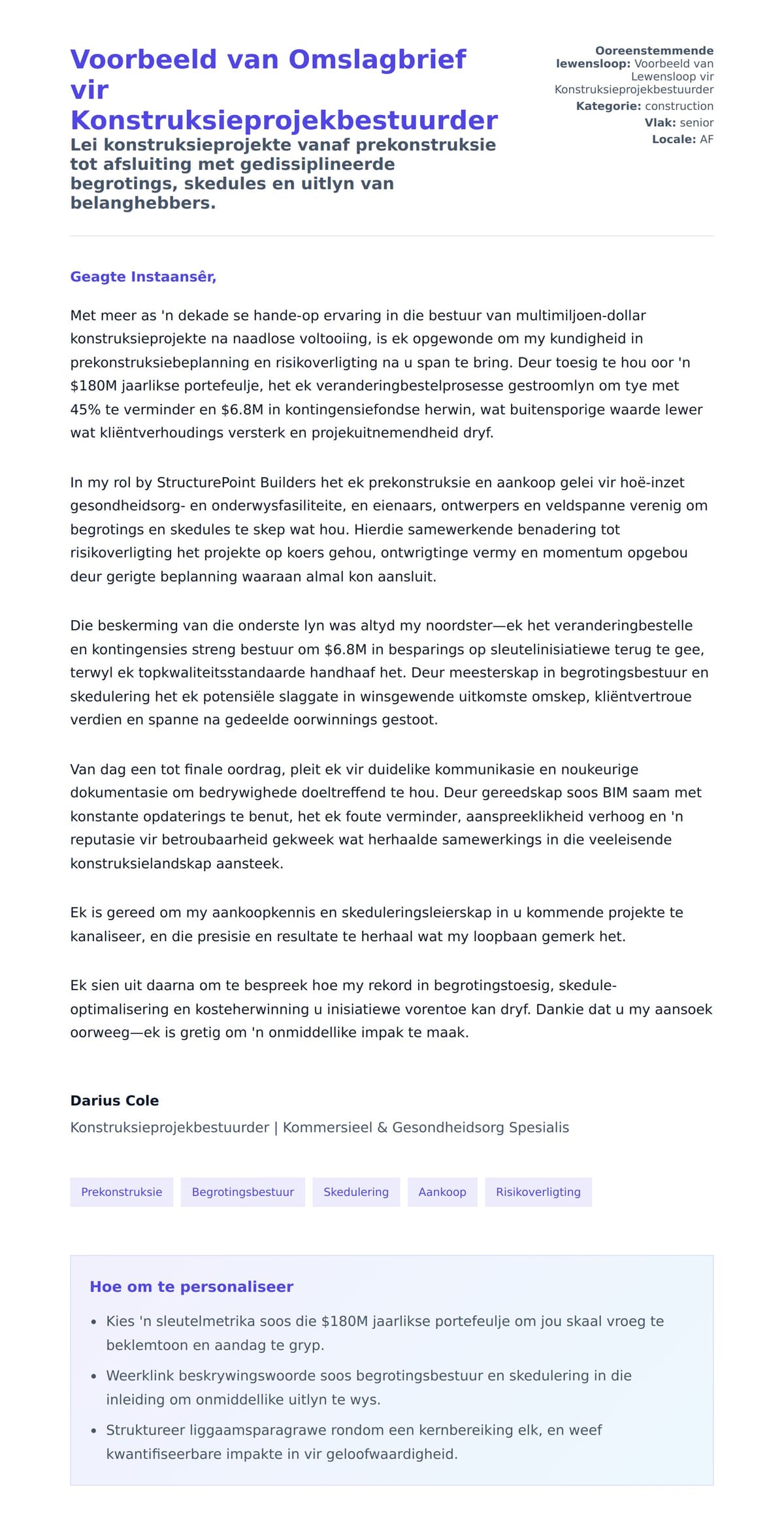 Solbrief-voorskou vir Voorbeeld van Omslagbrief vir Konstruksieprojekbestuurder