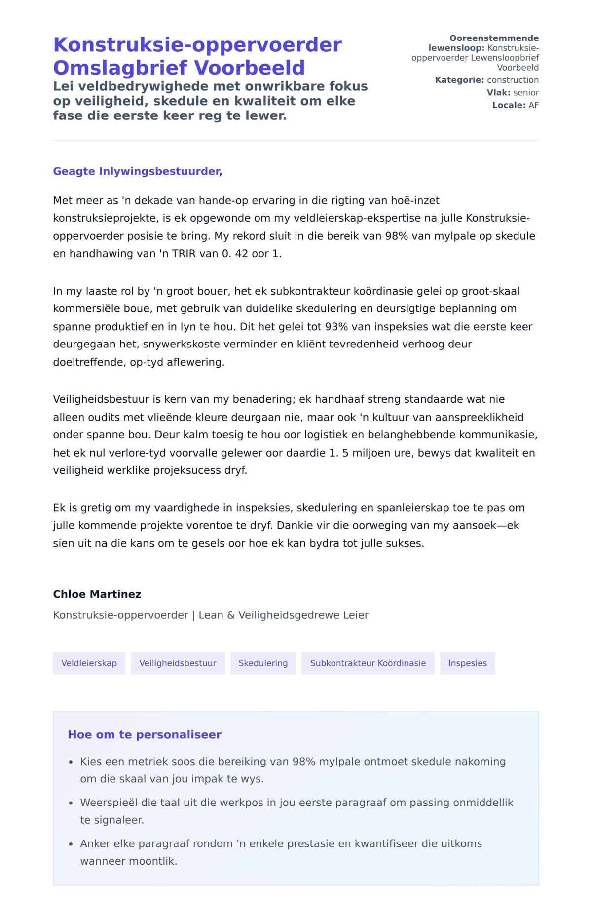 Solbrief-voorskou vir Konstruksie-oppervoerder Omslagbrief Voorbeeld