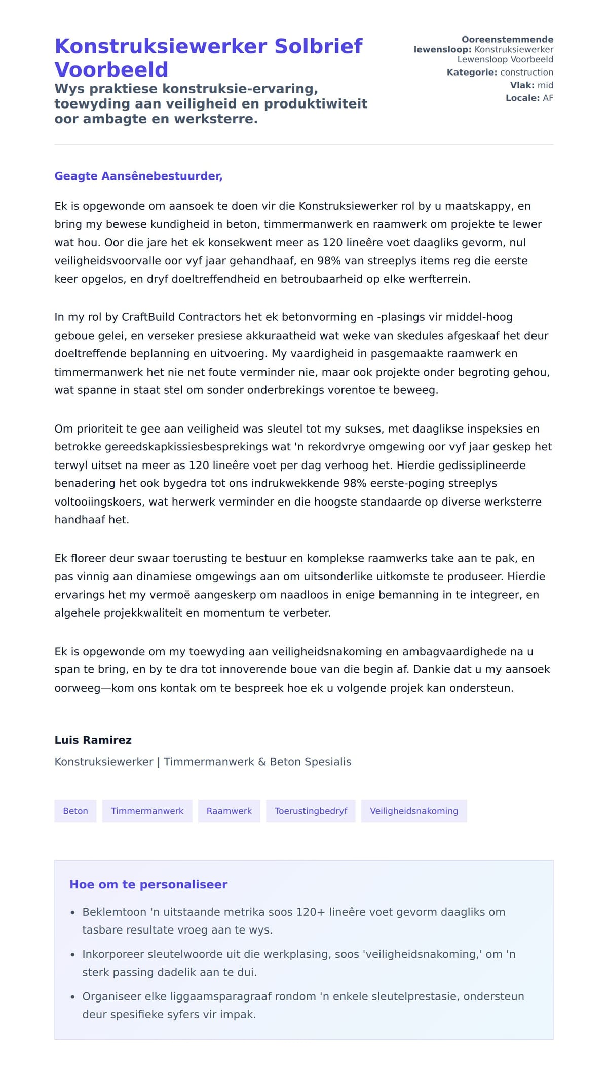 Solbrief-voorskou vir Konstruksiewerker Solbrief Voorbeeld