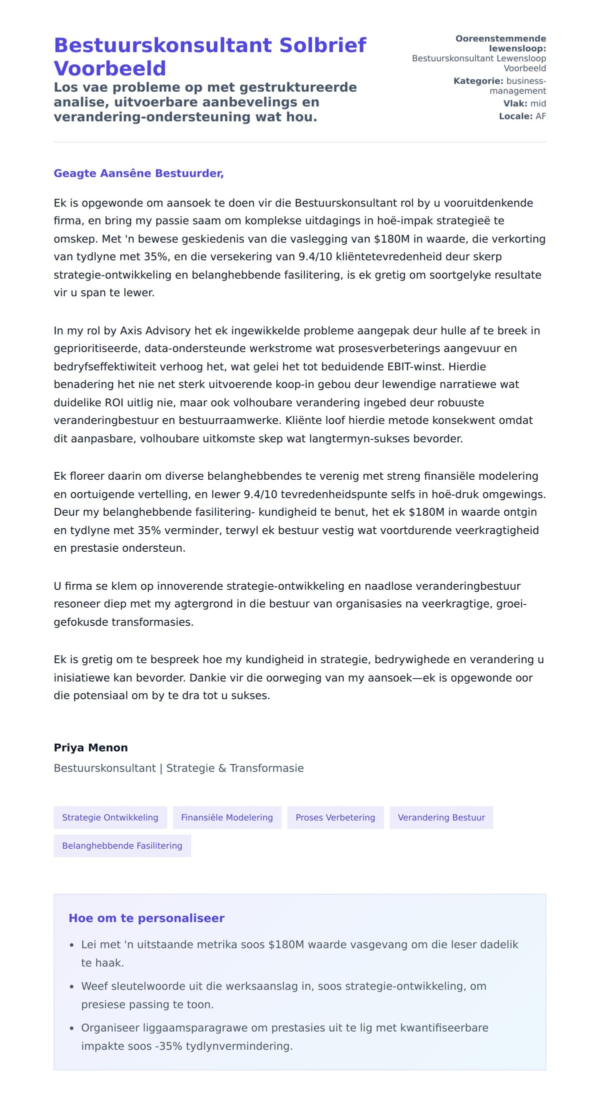 Solbrief-voorskou vir Bestuurskonsultant Solbrief Voorbeeld