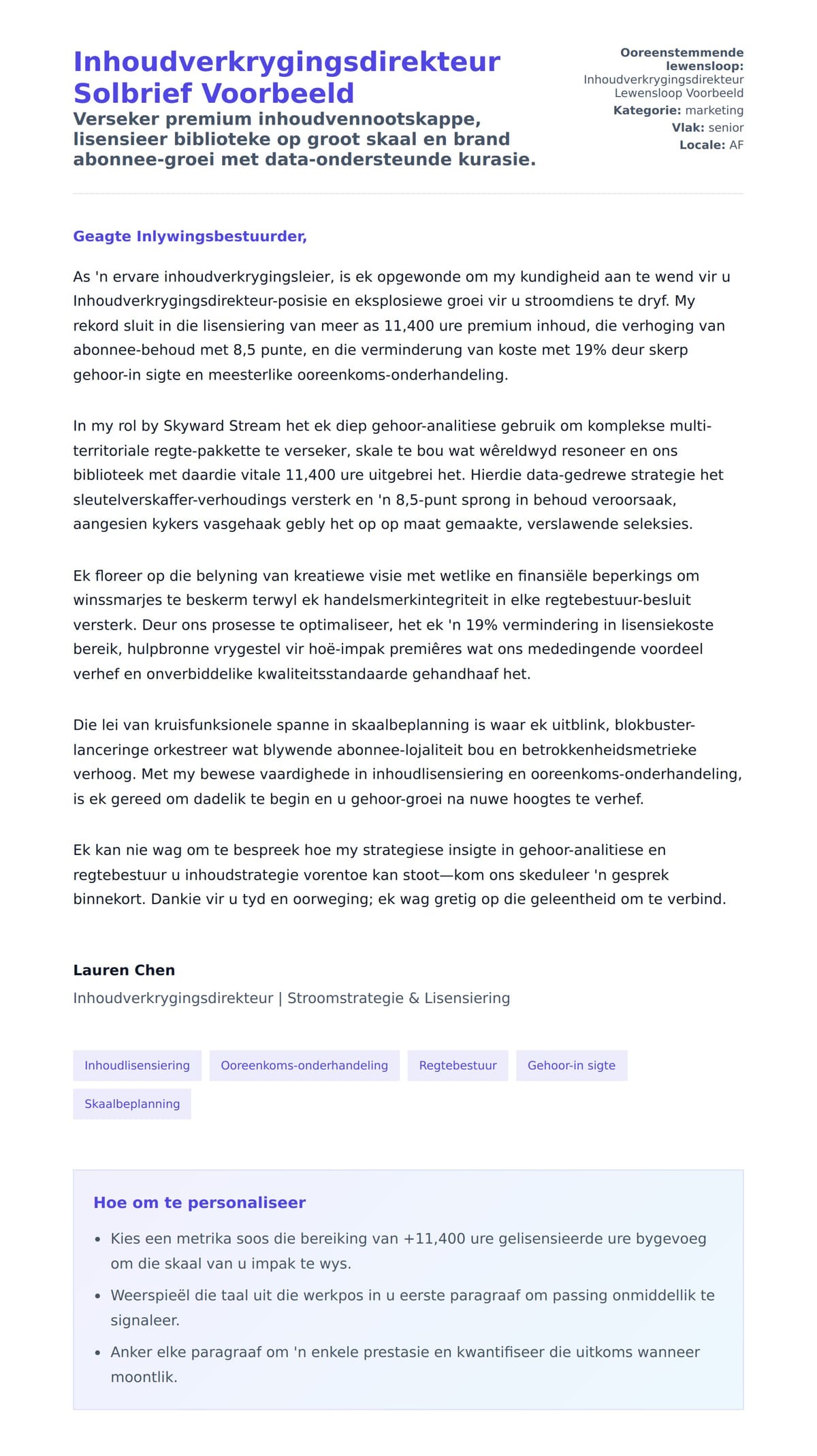 Solbrief-voorskou vir Inhoudverkrygingsdirekteur Solbrief Voorbeeld