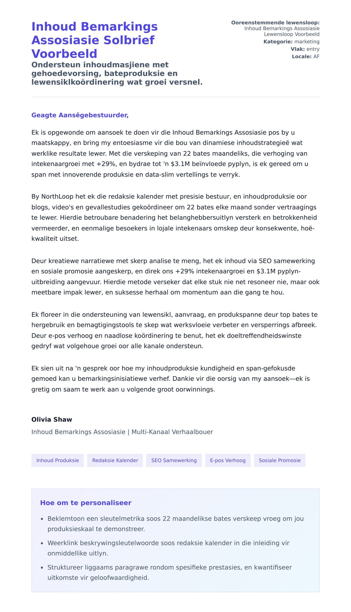 Solbrief-voorskou vir Inhoud Bemarkings Assosiasie Solbrief Voorbeeld