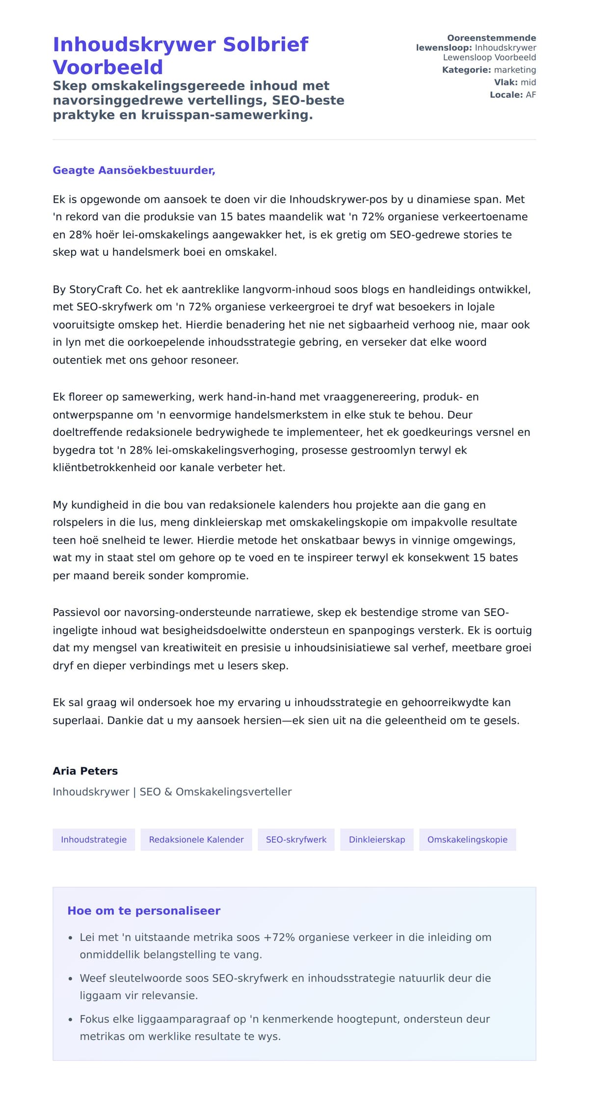 Solbrief-voorskou vir Inhoudskrywer Solbrief Voorbeeld